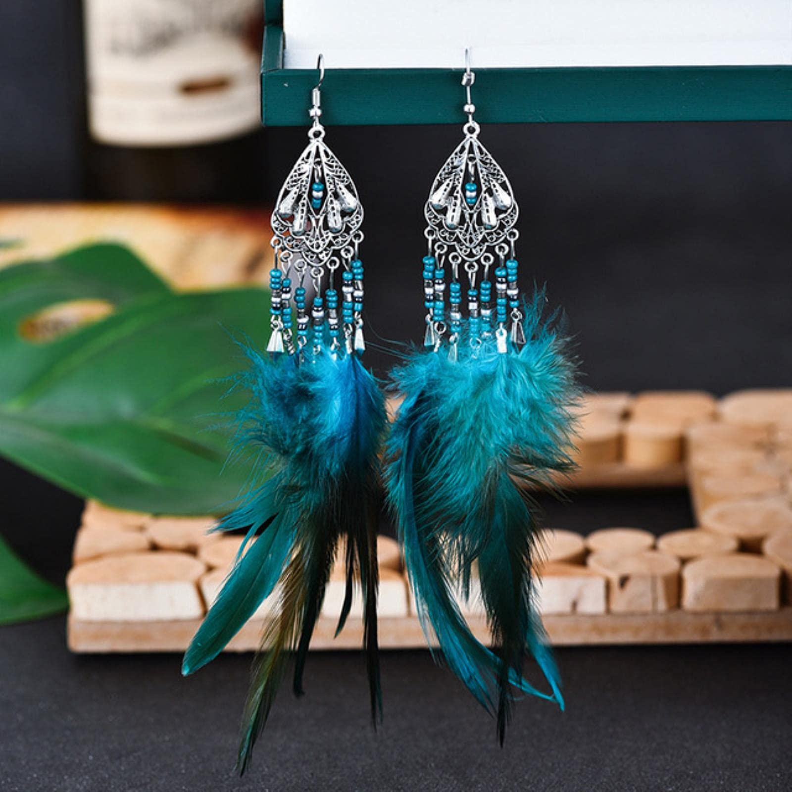 Bohemian Retro Lange Feather Dangle Oorbellen Voor Vrouwen