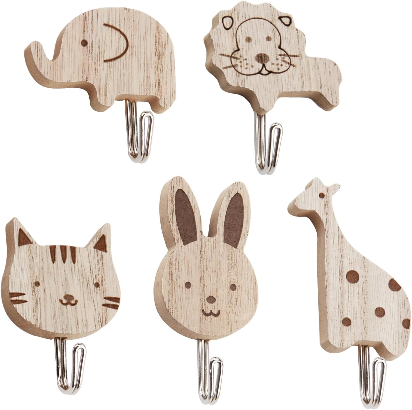 5 Packs Wooden Coat Hooks, Animal Wall Hooks Kids Coat Hooks for Nursery, Bedroom Living Baby Room Decor, Animal Theme Decorations Cats Rabbits Lions Giraffes Elephant