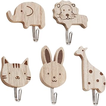 5 Packs Wooden Coat Hooks, Animal Wall Hooks Kids Coat Hooks for Nursery, Bedroom Living Baby Room Decor, Animal Theme Decorations Cats Rabbits Lions Giraffes Elephant