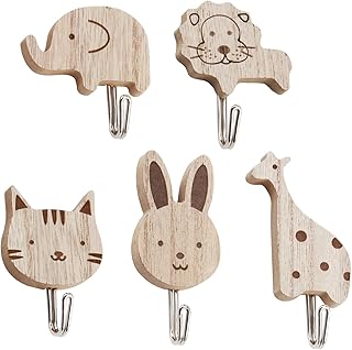 5 Packs Wooden Coat Hooks, Animal Wall Hooks Kids Coat Hooks for Nursery, Bedroom Living Baby Room Decor, Animal Theme Decorations Cats Rabbits Lions Giraffes Elephant