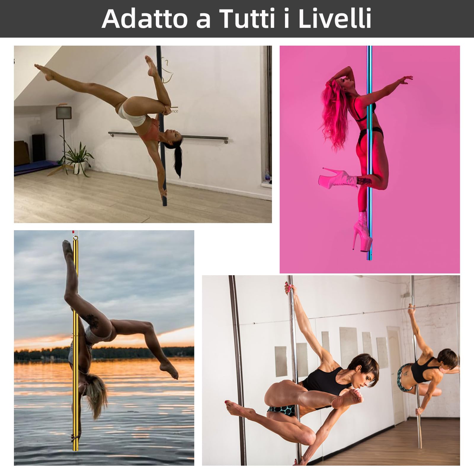 PRIOR FITNESS Palo Pole Dance da Casa 45 mm, Palo Staccabile, Set di Bastoni da Ginnastica Volanti - Ideato per Palestre e Bar Domestici (Portata 150 kg)