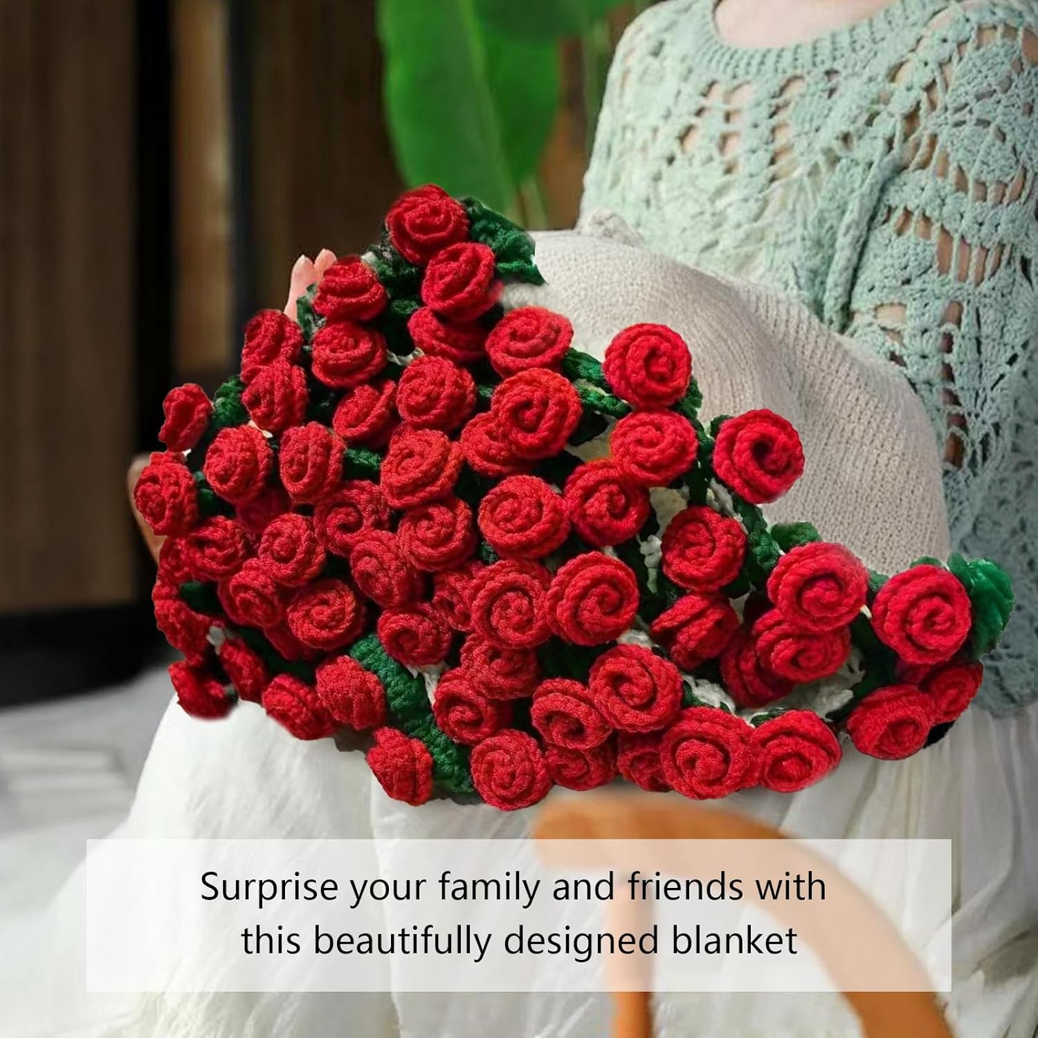 Crochet Flower Rose Bouquet Blanket for Girlfriend DIY Handmade Blanket Soft and Lightweight Romantic Knitted Throw Blankets Gifts for Mother's Day Birthday Home Decor Red 33 Flowers 31.5 Inch