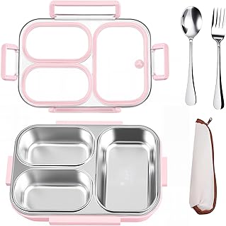 25oz Stainless Steel Lunch Kit (Bento Box + Fork/Spoon) - 3 Leakproof Compartments - Food-Grade 18/8 Steel for Kids & Adults - School/Office/Travel Ready - Dishwasher Safe (Pink)