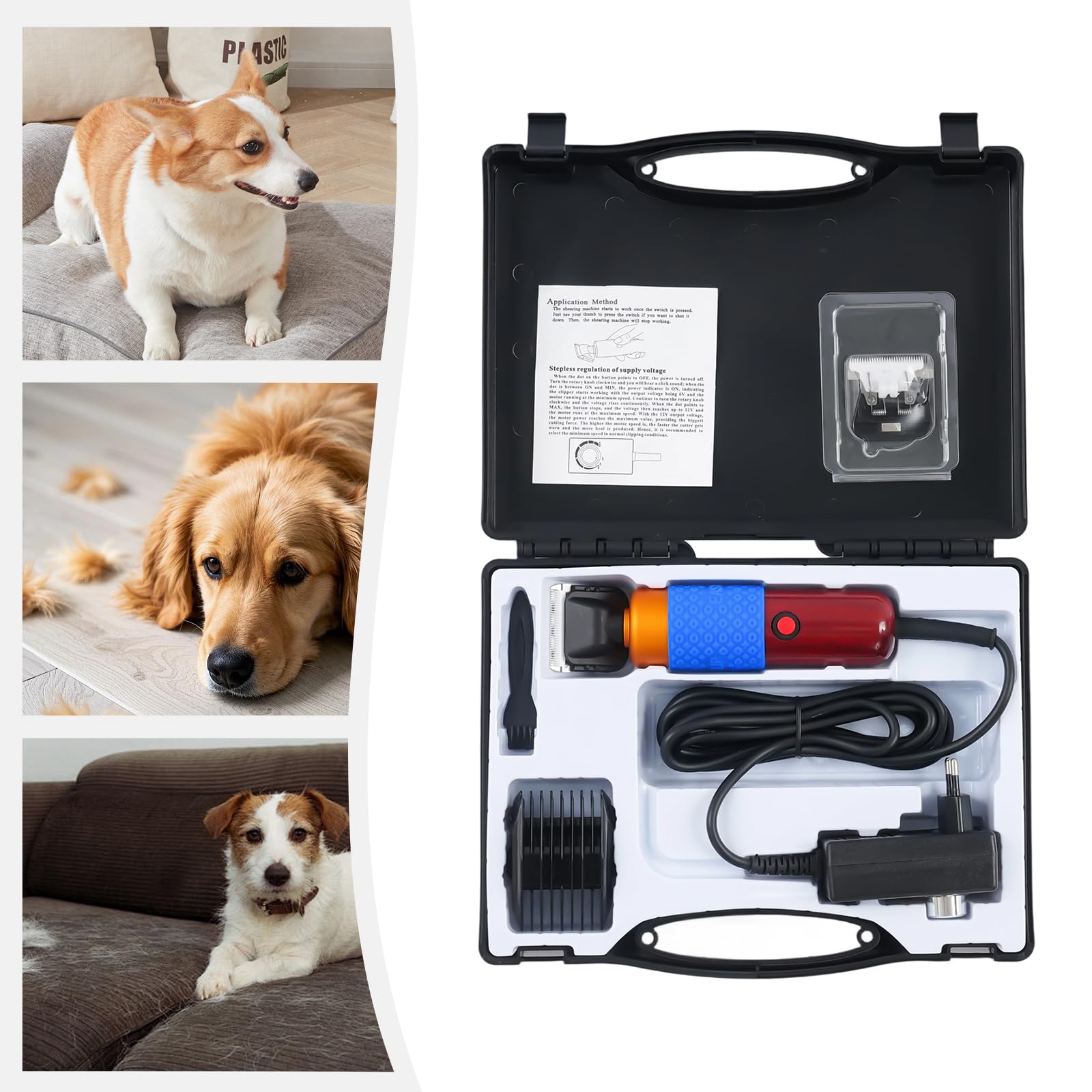 Tagliacapelli elettrico a velocità variabile, 200 W, con cassetta degli attrezzi per cappotti spessi, set per cani, gatti e altri animali domestici