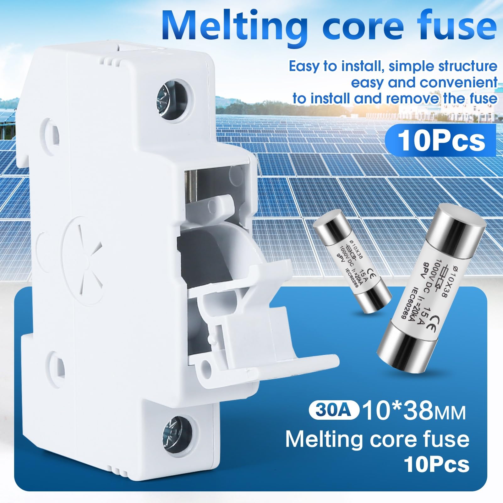 DEWIN Fusibles fotovoltaicos, 10 Piezas Fusibles solares de 15 A Fusible Fotovoltaico 10X38 mm Núcleo de Fusible PV for protección del Sistema Solar Fotovoltaico DC 1000 V