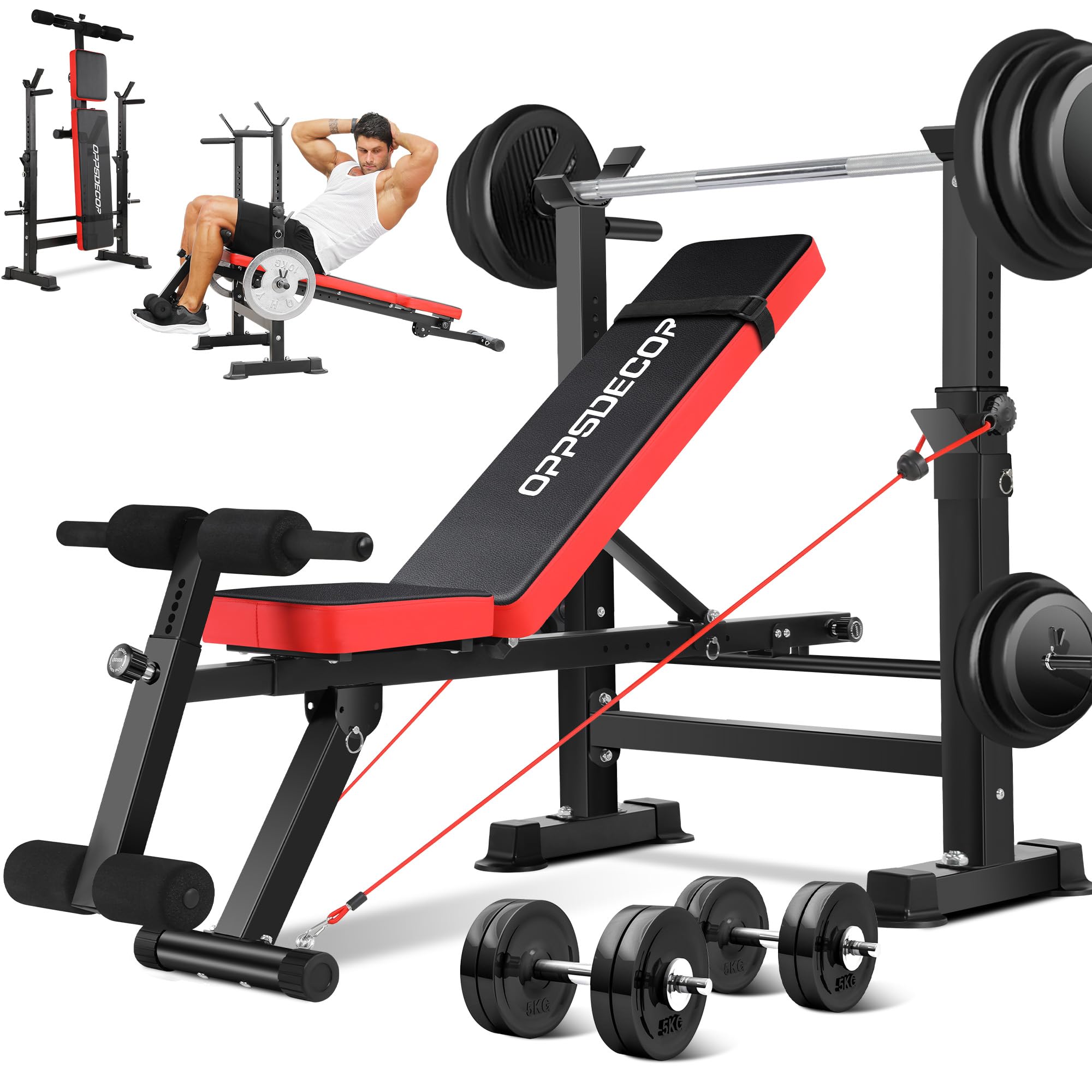 OPPSDECOR 900lbs 6 in 1 Weight Bench Set with Squat Rack, Workout Bench with Leg Extension Preacher Curl Rack Multi-Function Bench Press Set for Home Gym, ZWX1113 New Version Weight Bench