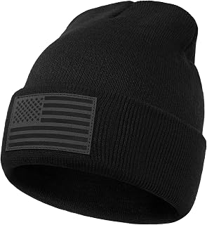 American Flag Beanie for Men Women - Leather USA Flag Patch, Cuffed Beanie for Tactical Winter Warm Hat