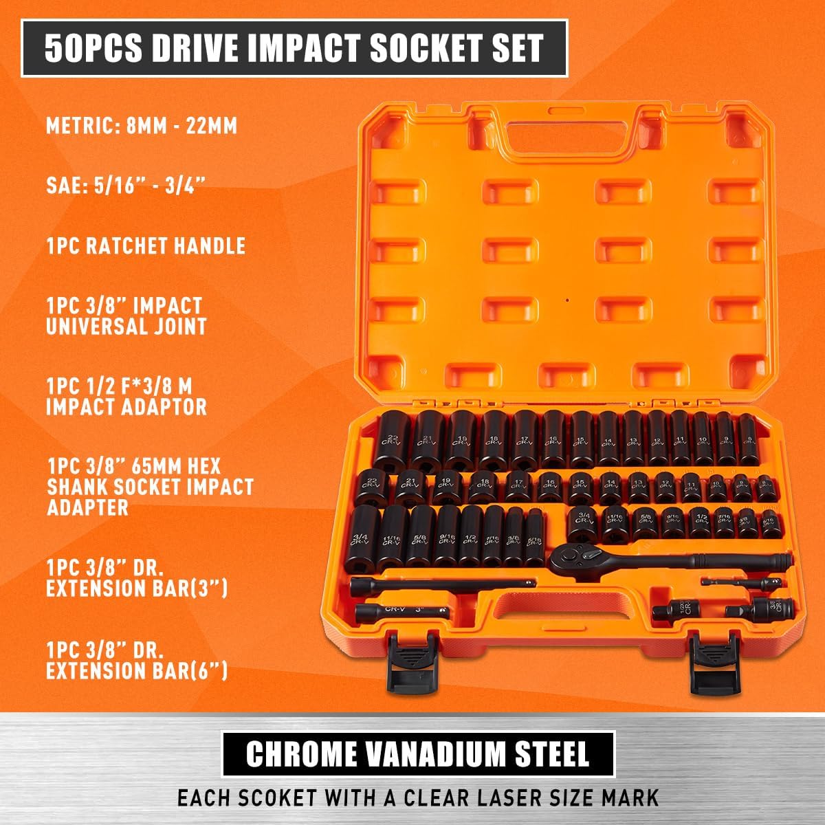 3/8" Drive Socket Set 50-Piece, SAE (5/16-3/4") & Metric (8-22mm), Deep & Shallow Impact Socket Set with Case, 6 Points, Premium CR-V, Extension Bars, Universal Joint & Power Drill, Gift for Men