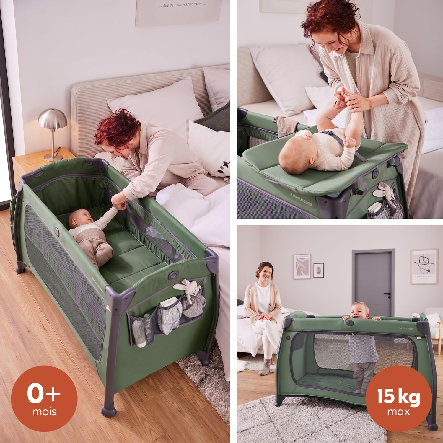 hauck Lit Parapluie avec Table à Langer Play N Relax Center, Dark Green | Inclus niveau pour nouveau-né, ouverture XL, roues et sac de transport, de la naissance à 15 kg / 3 ans (sans matelas)