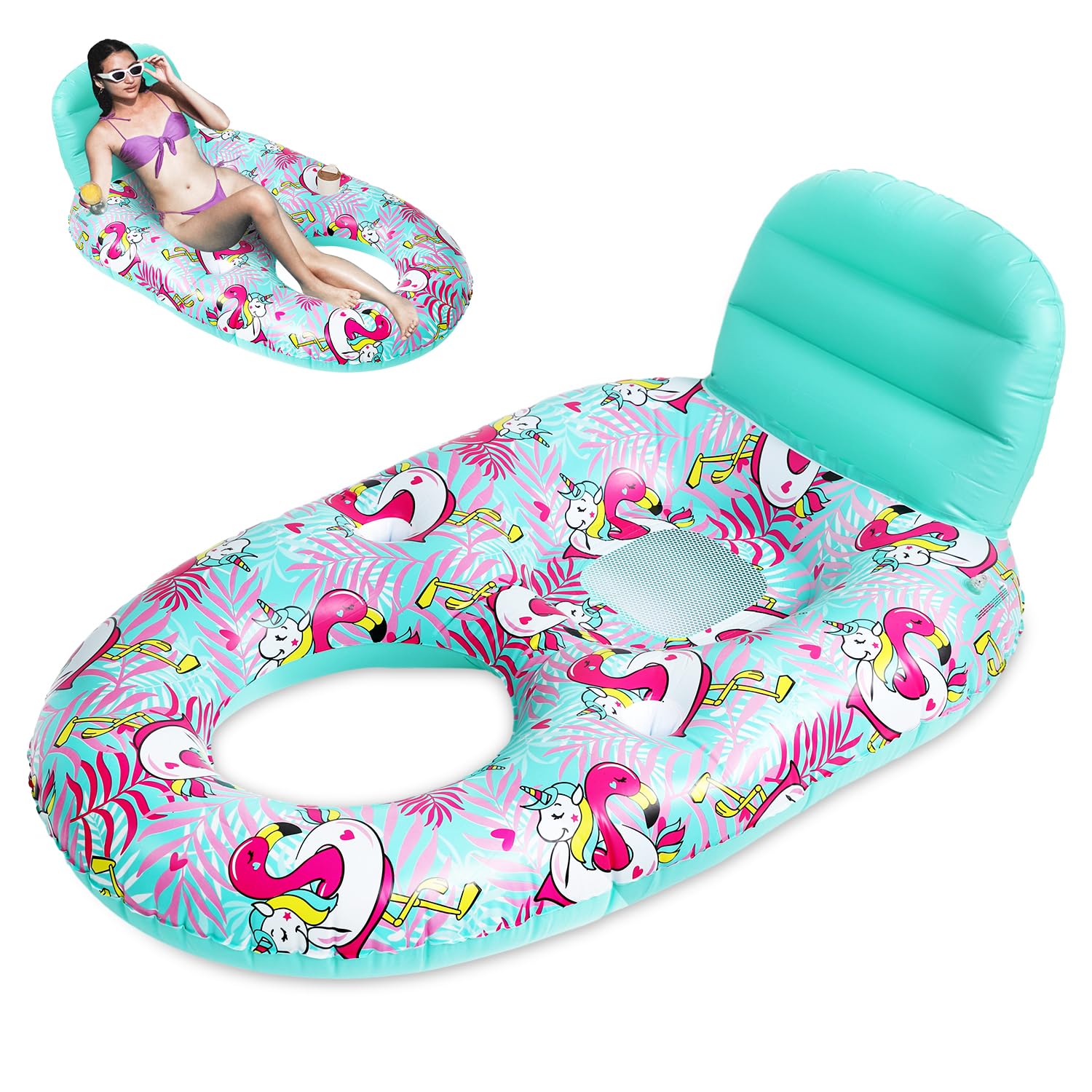 Tumbona de Piscina, Flotador Inflable Extra Grande de 150x97x65 cm con Portavasos Sillón Flotante para Piscina Flotador de Piscina para Adultos para Piscina Lago Playa