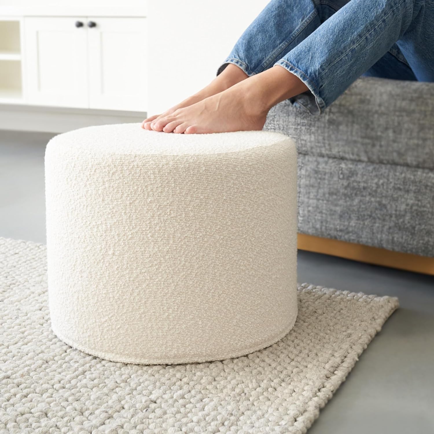 FurnBite Small Ottoman Stool and Foot Rest - Elevate Your Living Room Decor with Lightweight Comfort and Charm - A Round Modern Foam Filled Foot Stool Perfect to Rest Your Feet - White-image-34