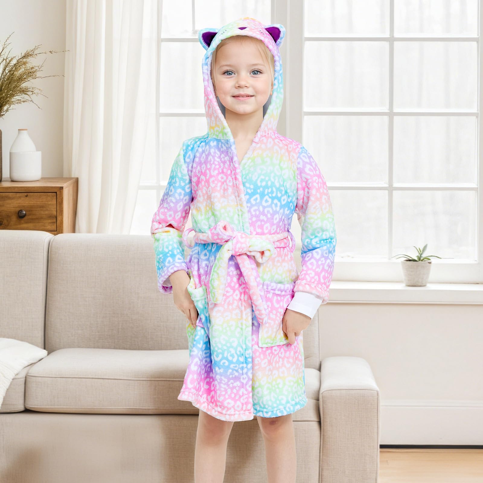 WYTbaby Accappatoio per bambine con cappuccio in morbido pile per bambini, accappatoio in spugna con motivo animali 3D, età 4-14 anni
