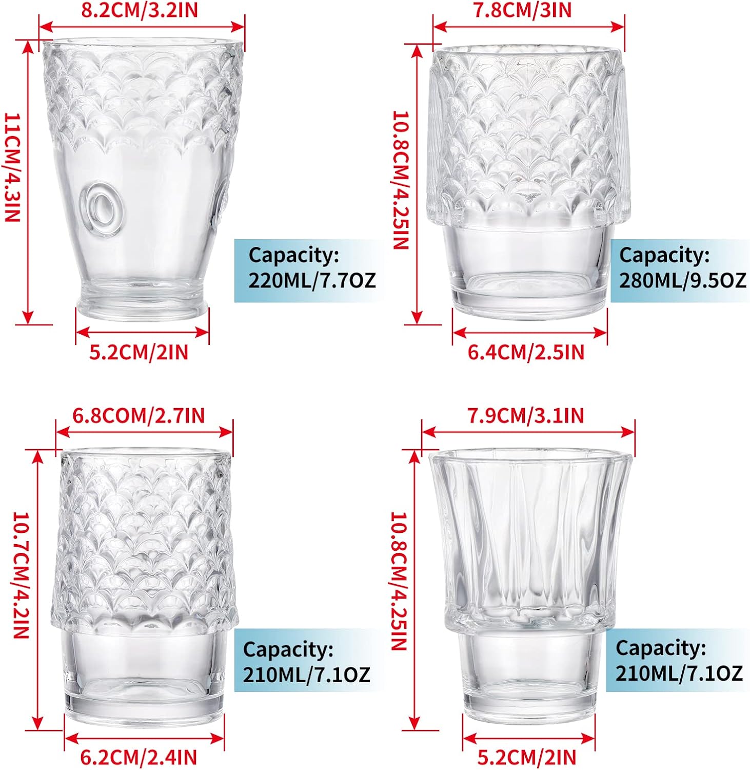 MDLUU 4 Pcs Stackable Drinking Glasses, Embossed Glass Tumblers, Fish Stacking Glassware for ...