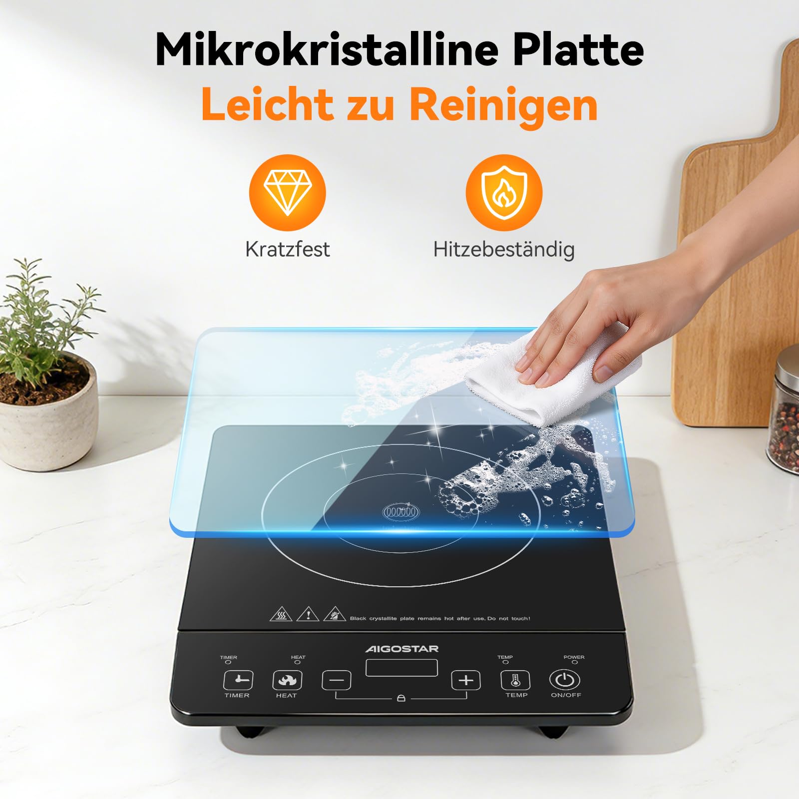 Aigostar Induktionskochfeld 1 Platte, 2000W, 10 Stufen, Timer, Kindersicherung, Tragbar
