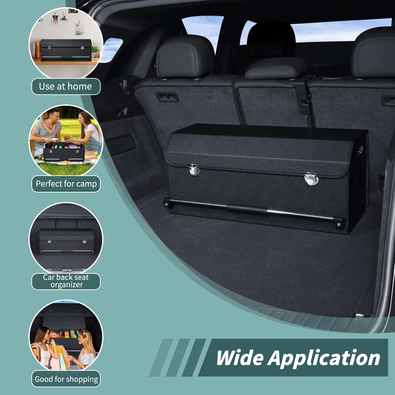 XCF Car Organizer Trunk, Durable Collapsible Leather Trunk Organizer with Lid and Sturdy Handle, Auto Cargo Storage Compartments, SUV/Car Accessories for Men/Women (11.4 x 27 x 12.2, Black)