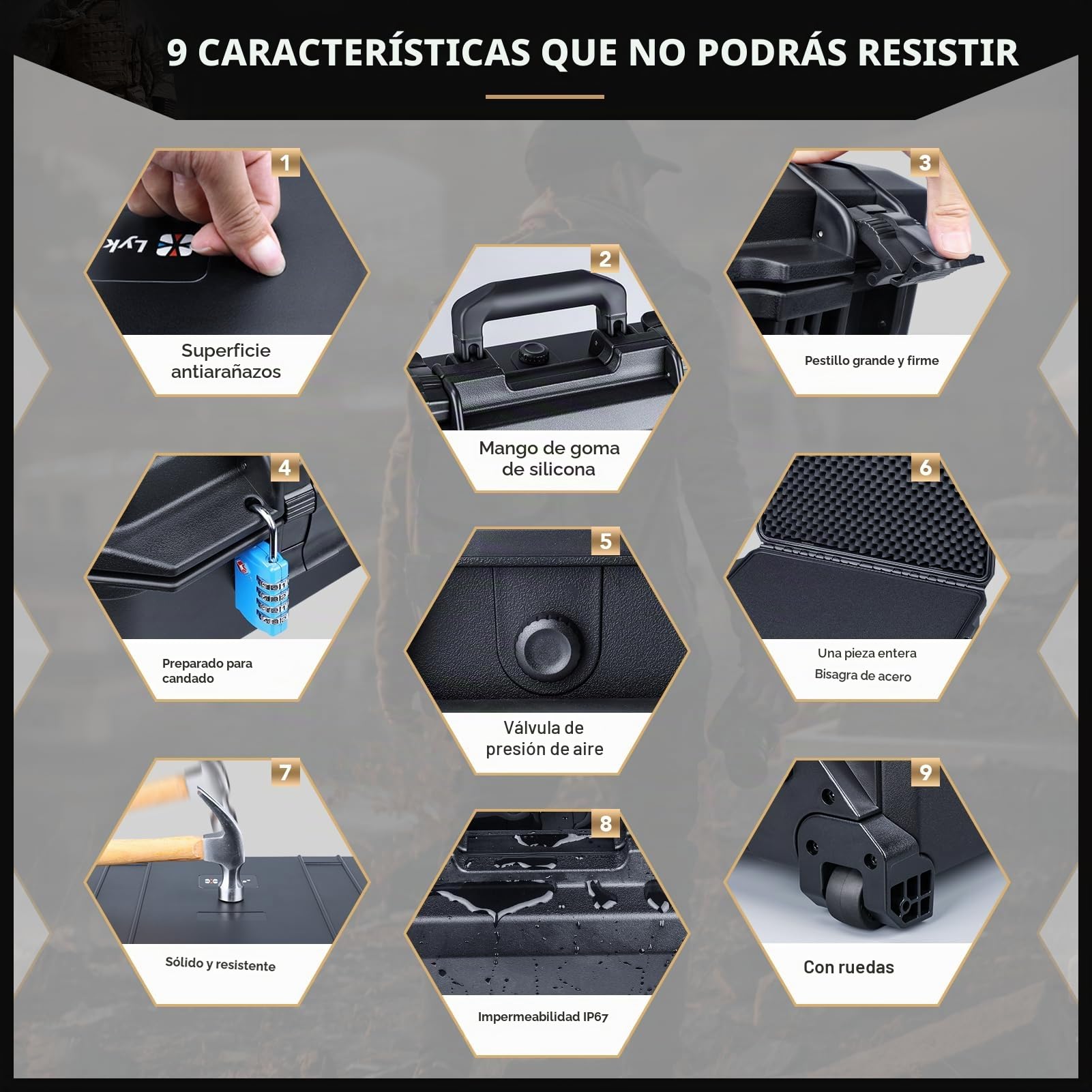 Lykus Maletín/Maleta/Estuche/Case Impermeable con Rueda y Espuma Personalizable, Adecuado para cámaras, Lentes, Equipos electrónicos y más