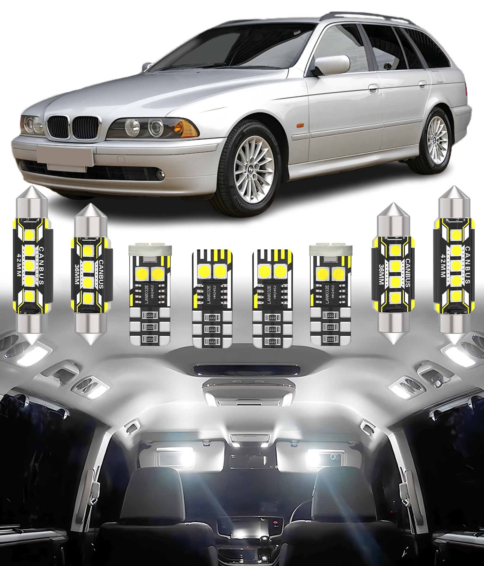 BMT xms 21pz Kit di Luci LED per Interni per BMW 5 Series E39 Sedan Wagon Touring 1995-2004, Lampadine LED per Interni Auto e Camion 6000K Bianco Luminoso