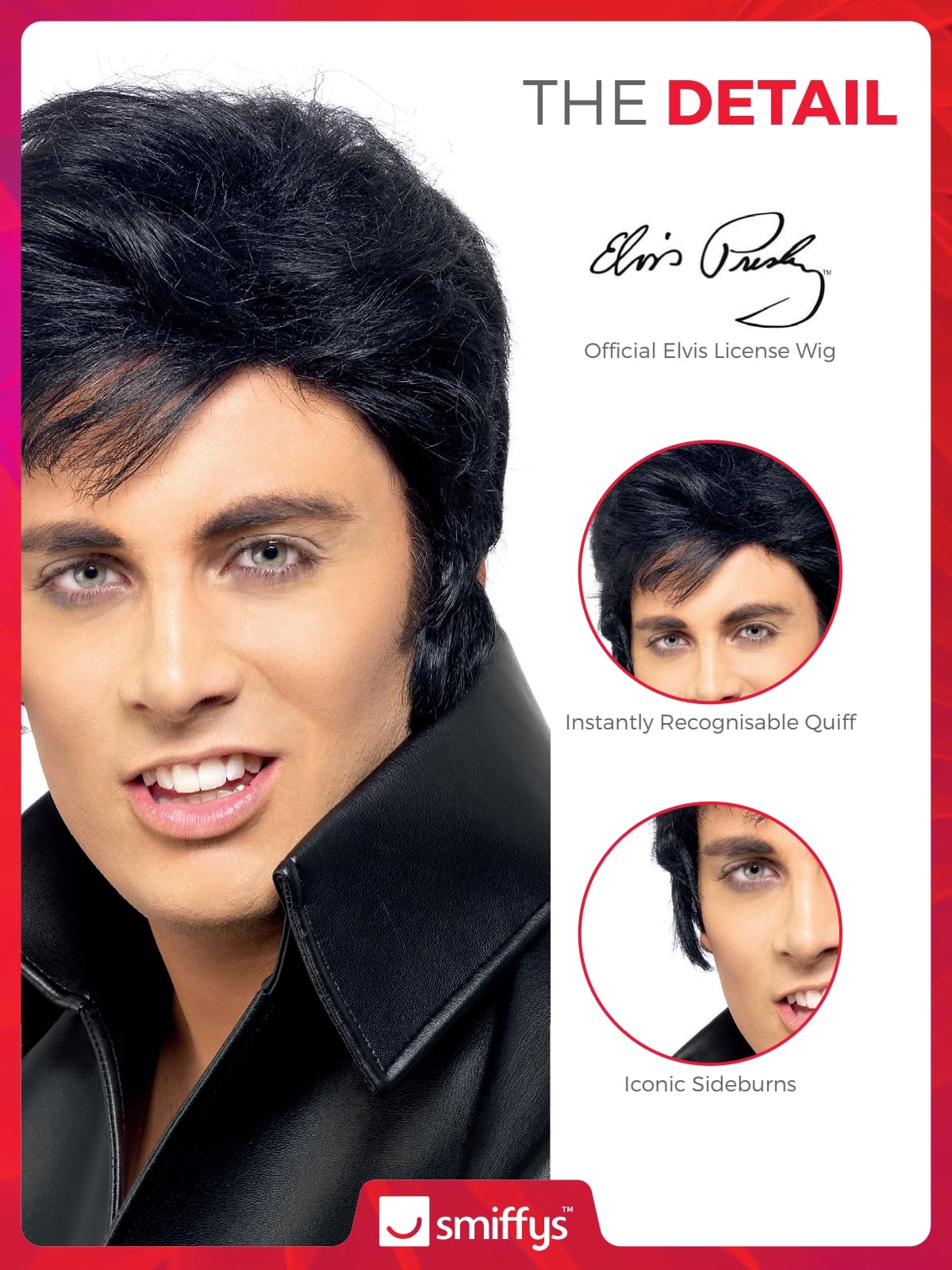 Smiffys Elvis Wig for Adults Black with easy to recognise Quiff and Sideburns, Officially Licensed - Image 4