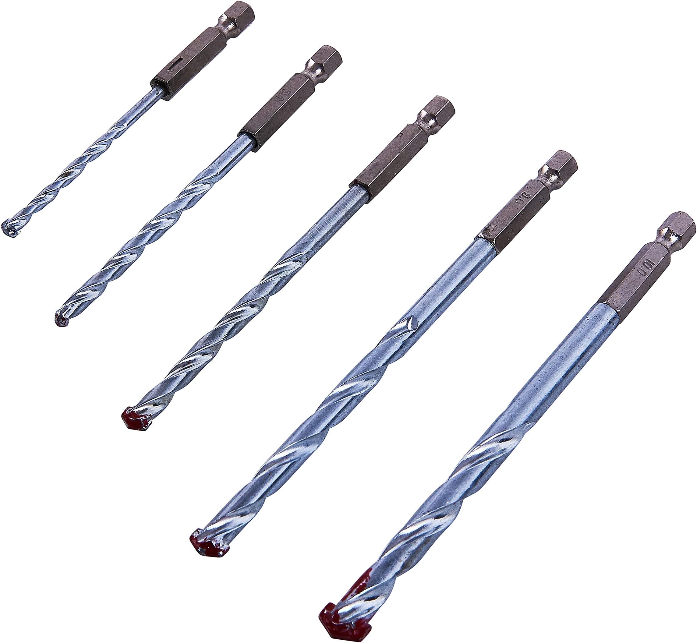 Amtech - 5pc hex shank masonry drill bit set, hardened alloy with carbide tips, 1/4" hex for quick change, brick/block/light concrete, 4/5/6/8/10mm