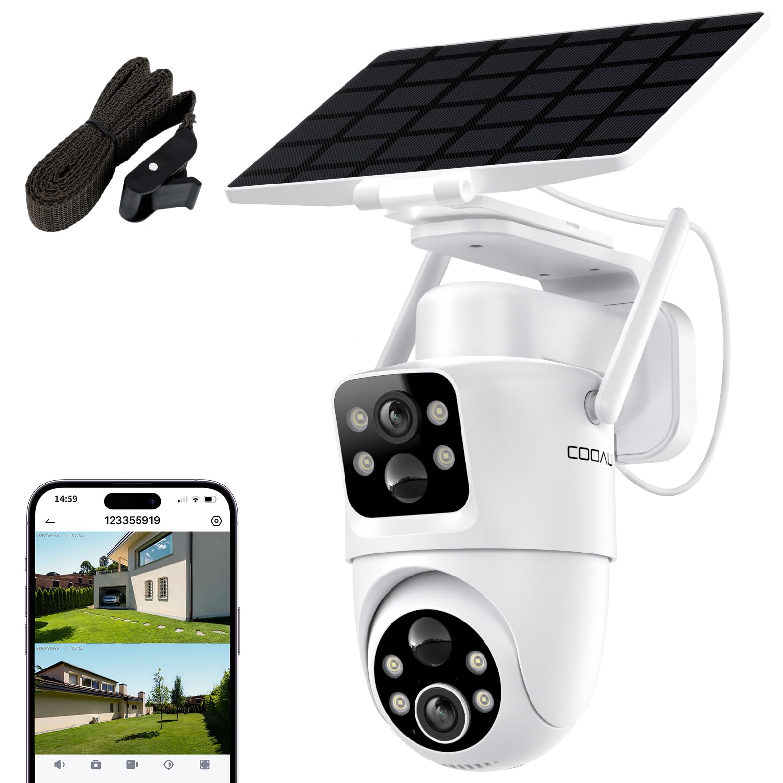 【新進化デュアル防犯カメラ・ソーラー一体型/分離型両用・真の360全方位カバー】 COOAU 防犯カメラ 屋外 ソーラー 固定ベルト付きで壁に穴あけ不要 電池式 5W高効率太陽光充電 大容量バッテリー長持ち 電源不要 工事不要 簡単設置 監視カメラ セキュリティカメラ 300万画素 人感センサー 360度広角撮影 玄関 戸建て 家庭用 業務用 自宅見守り いたずら防止 盗難防止 防犯対策