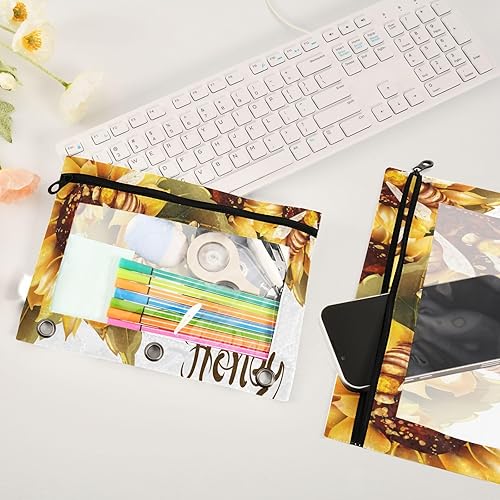 Miniatura 3 de Estuche vintage para lápices de flores de abejas para carpeta de 3 anillos con cremallera, estuche a granel con ventana transparente, bolsa de