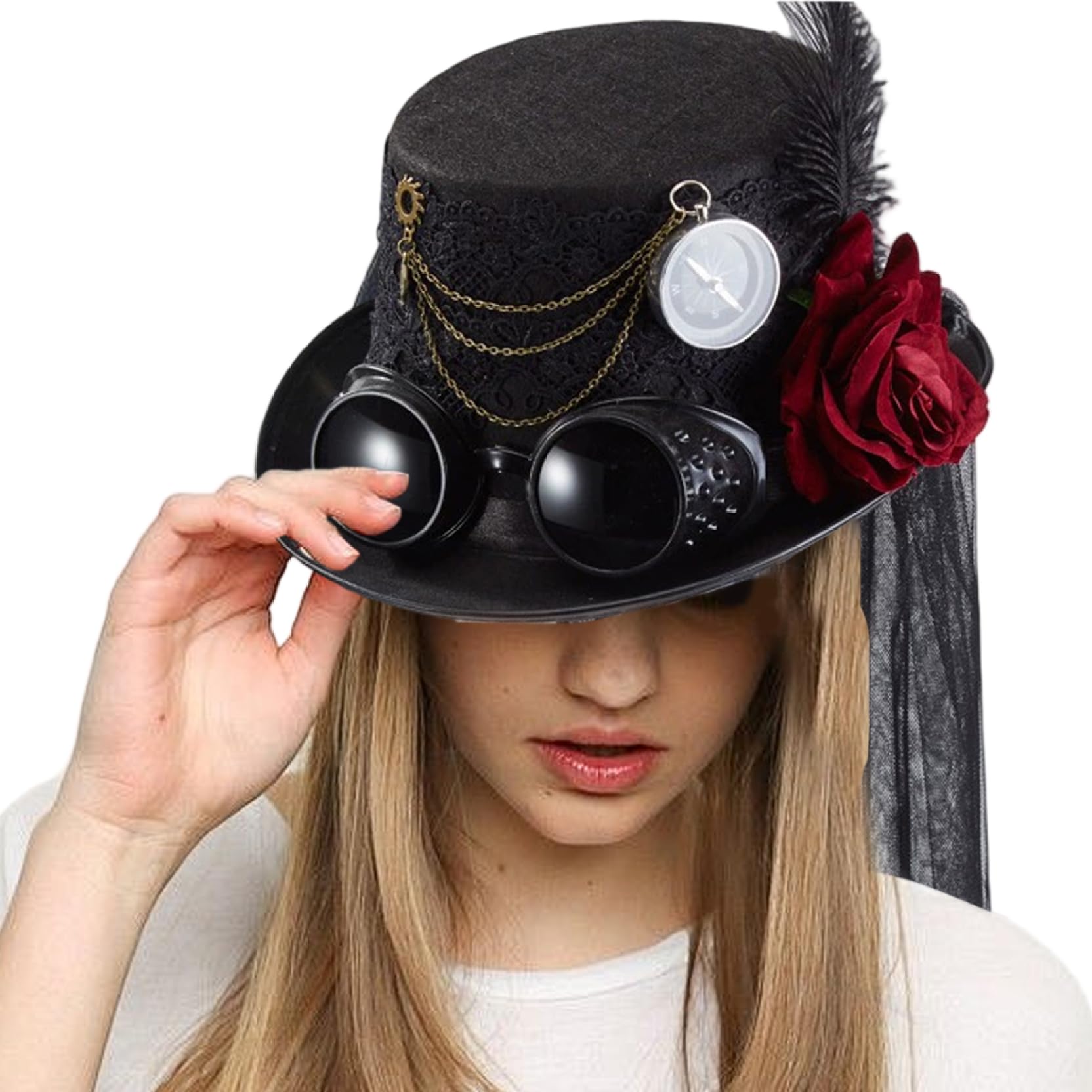 Sombreros Steampunk Sombrero de Copa de Encaje Rosa con Gafas y Velo Disfraz Steampunk gótico Retro para Fiesta de Cosplay de Halloween