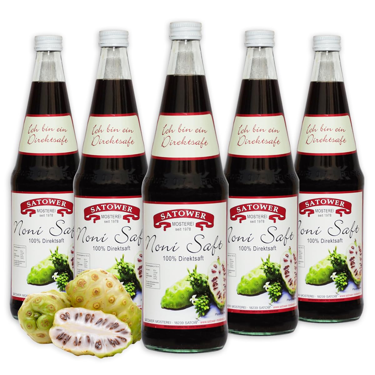 Satower Mosterei - 6 x 0,7l Noni Saft (100% Direktsaft) - Ohne Zuckerzusatz, Ohne Konservierungsstoffe, Alkoholfrei - 4.2 Liter - Flasche - Saft