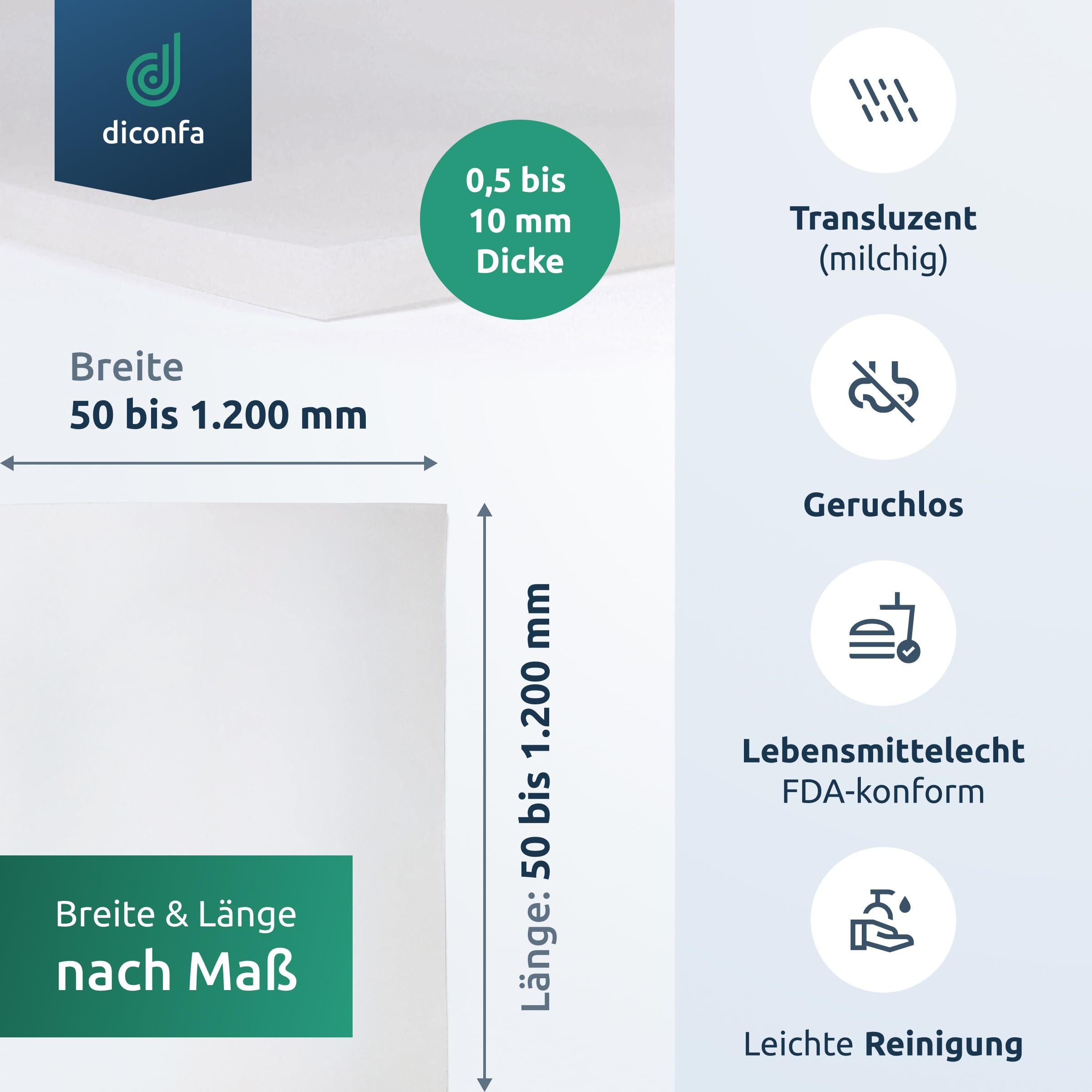 diconfa Silikonmatte Silikonplatte NACH Maß - DICKE: 0,5mm bis 10mm - BREITE/LÄNGE: 50mm bis 1200mm - AUSWAHL: 100mm x 100mm x 3mm (10cm x 10cm x 0,3cm) transparent Unterlage Silikon