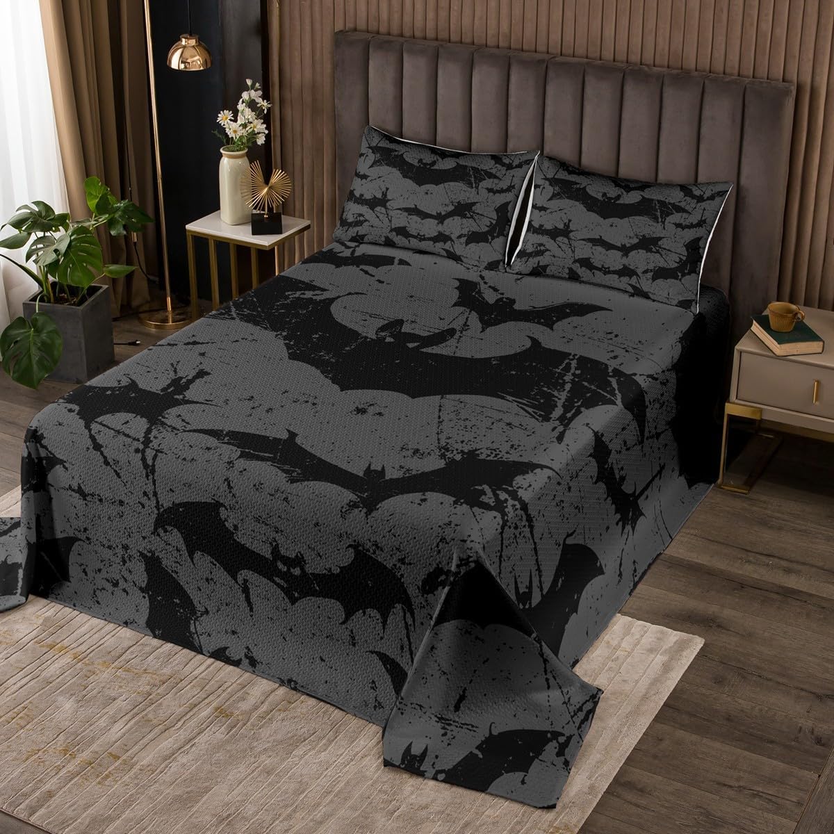 Cute Witch Mouse Bedspread Queen Size for Kids Girls Boys,Cartoon Halloween Theme Decor Bedding Set 3Pcs,Pumpkin Lantern Comforter Set Vintage Bookshelf Pattern Quilt Coverlet,2 Pillowcases