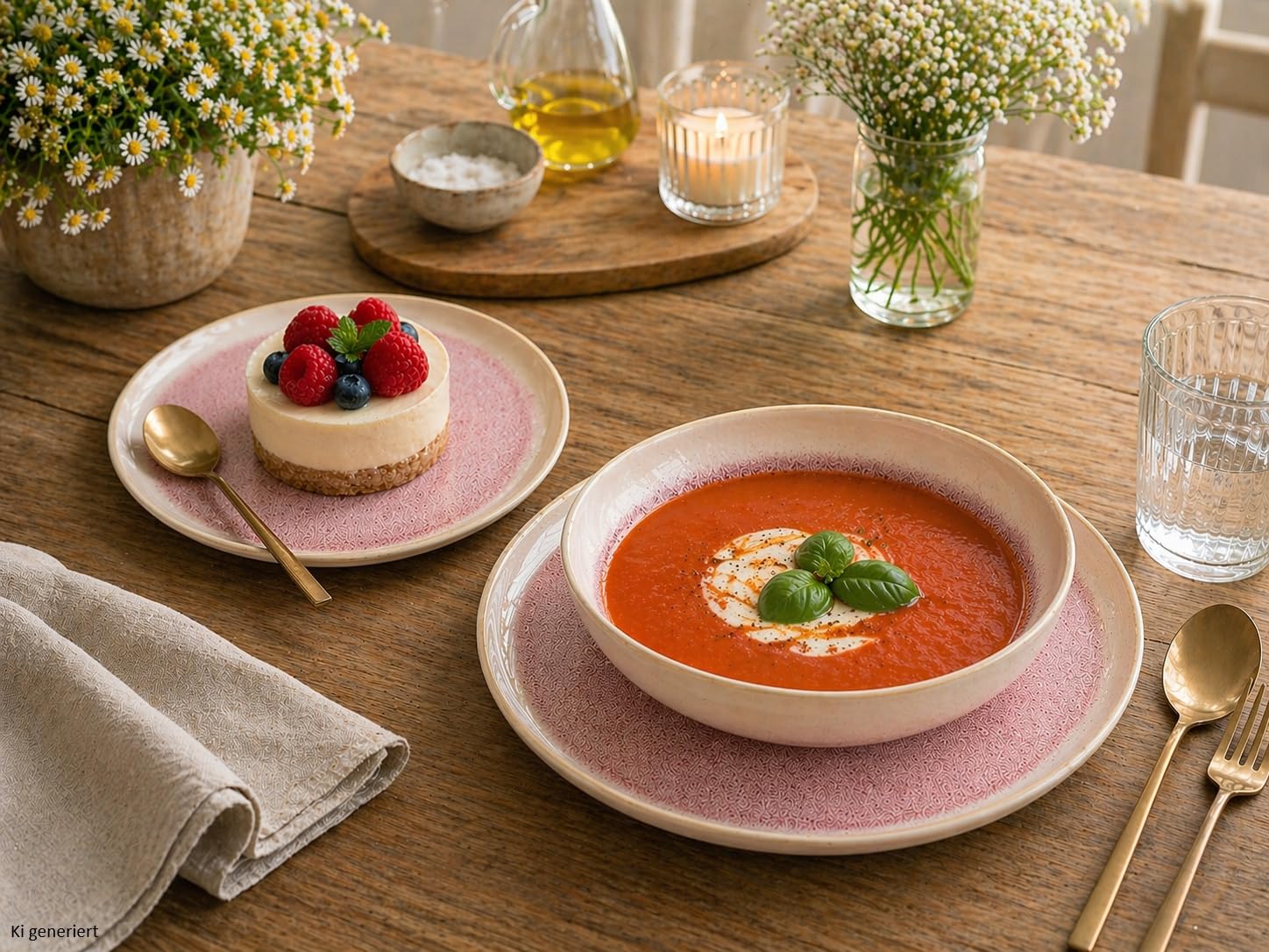 MamboCat 18tlg Tellerset Reactive Glaze Paris I Creme & Pink I Steingut-Geschirr für 6 Personen I je 6X Speiseteller, Suppenteller 400 ml & Kuchenteller