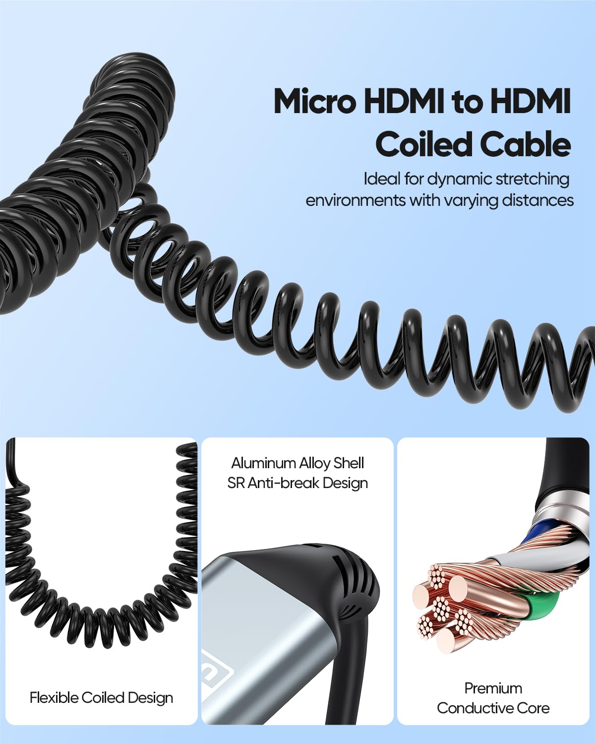 Cable en espiral micro HDMI a HDMI de 1 pie a 3 pies para cámara a monitor de campo, [carcasa de aluminio] Cable en espiral corto HDMI a Micro HDMI 4K @60Hz, 2K @120Hz, HDR, ARC para Raspberry