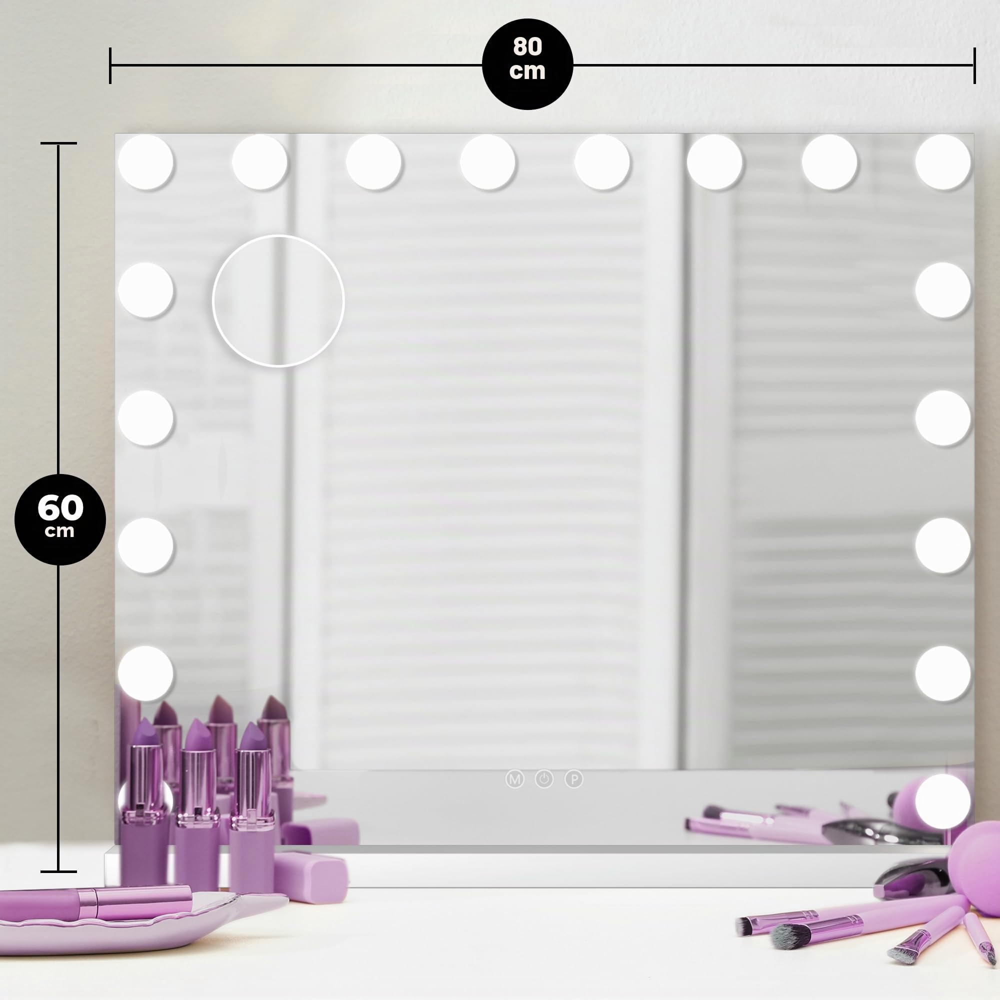 Bayt Specchio trucco con luci e Bluetooth, Specchio cosmetico Hollywood - Trucco - 80x60 - Dimmerabile - Ingrandimento 10x (Bianco)