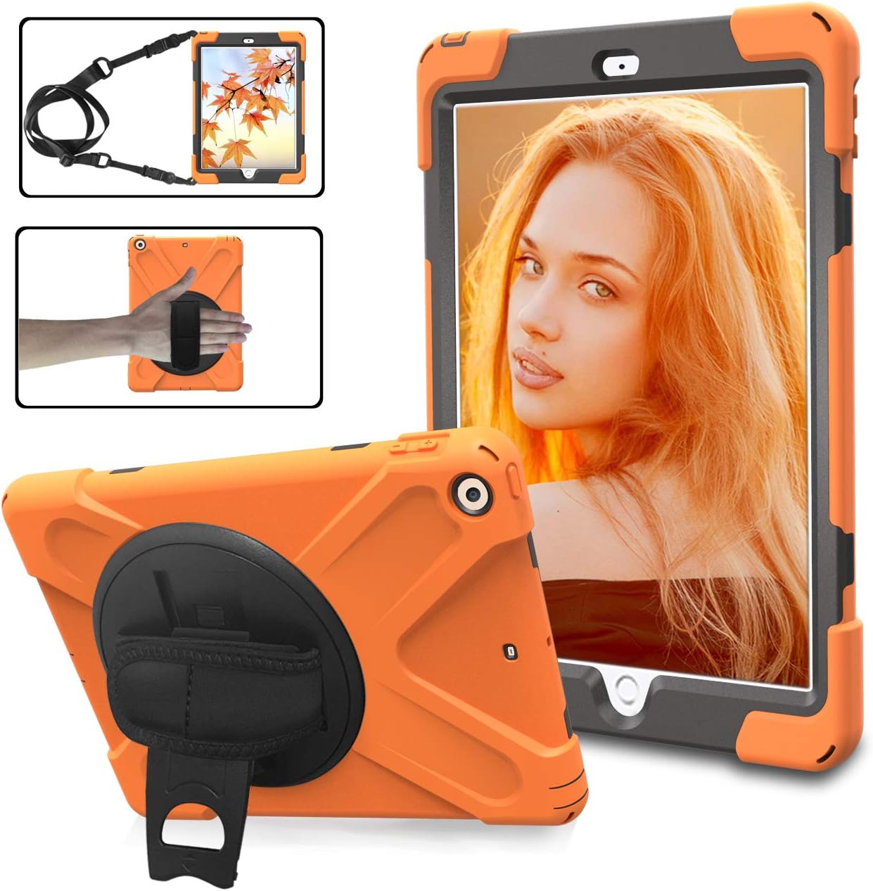 iPad Pro 10.5 Case Cover for Kids, Heavy Duty [Corner Protection] Defender Shockproof Car Case with 360 Degree Rotation Stand, Handle Hand Strap Grip& Neck Shoulder Strap (Orange)