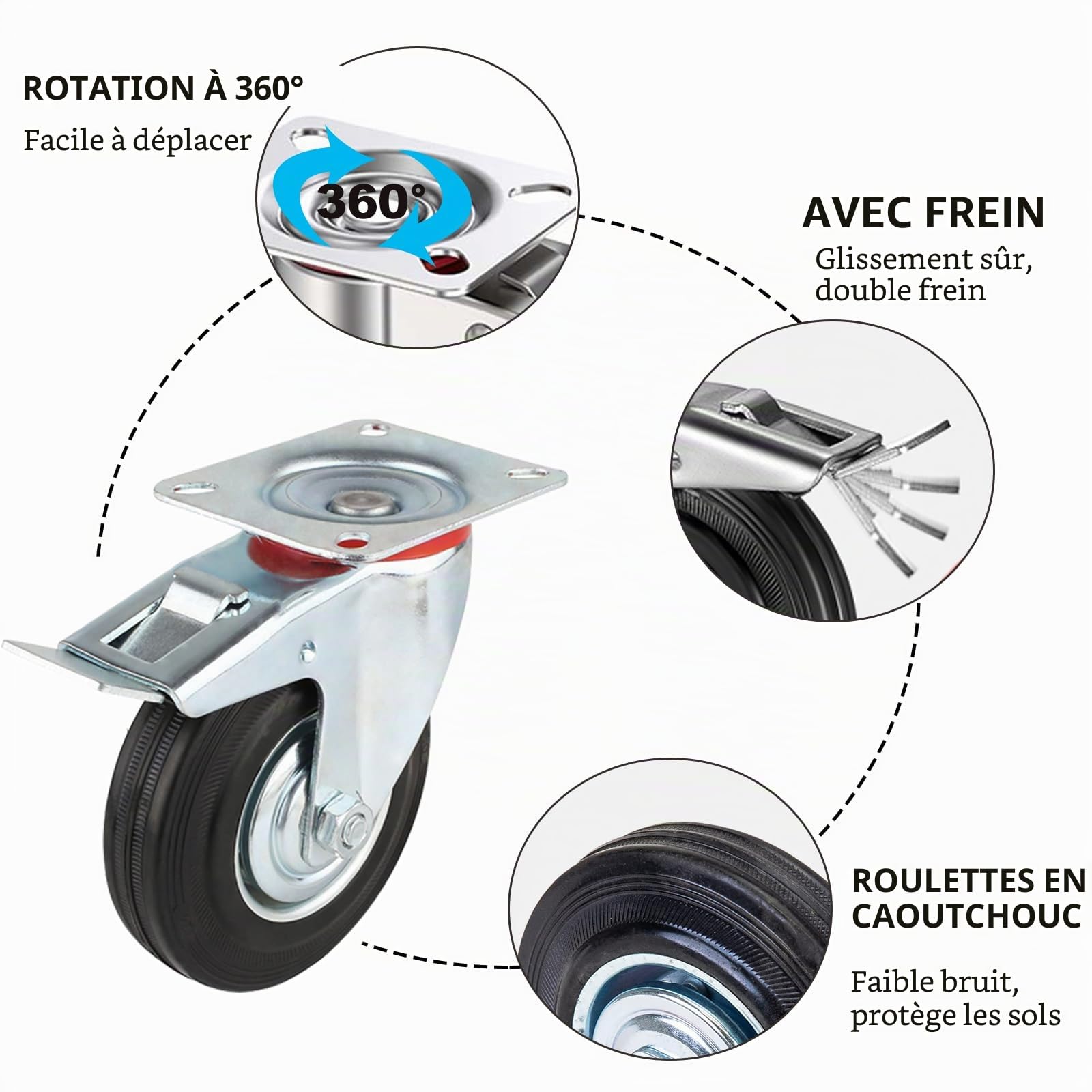 Roulettes Pivotantes pour Charges Lourdes 125 mm, Lot de 4 Roulettes pour Meubles avec Frein jusqu'à 400 kg, Roue en Caoutchouc Roues Industrielles Pivotante à 360°(2 Roues + 2 Roues frein)