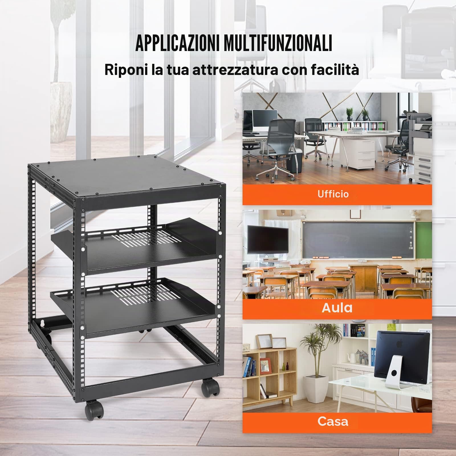 VEVOR Server Rack a Telaio Aperto 12U, Profondità Regolabile da 15''-40'', Server di Rete Rack da Autoportante o con Montaggio a Parete, Rack AV a 4 Posti con Ruote
