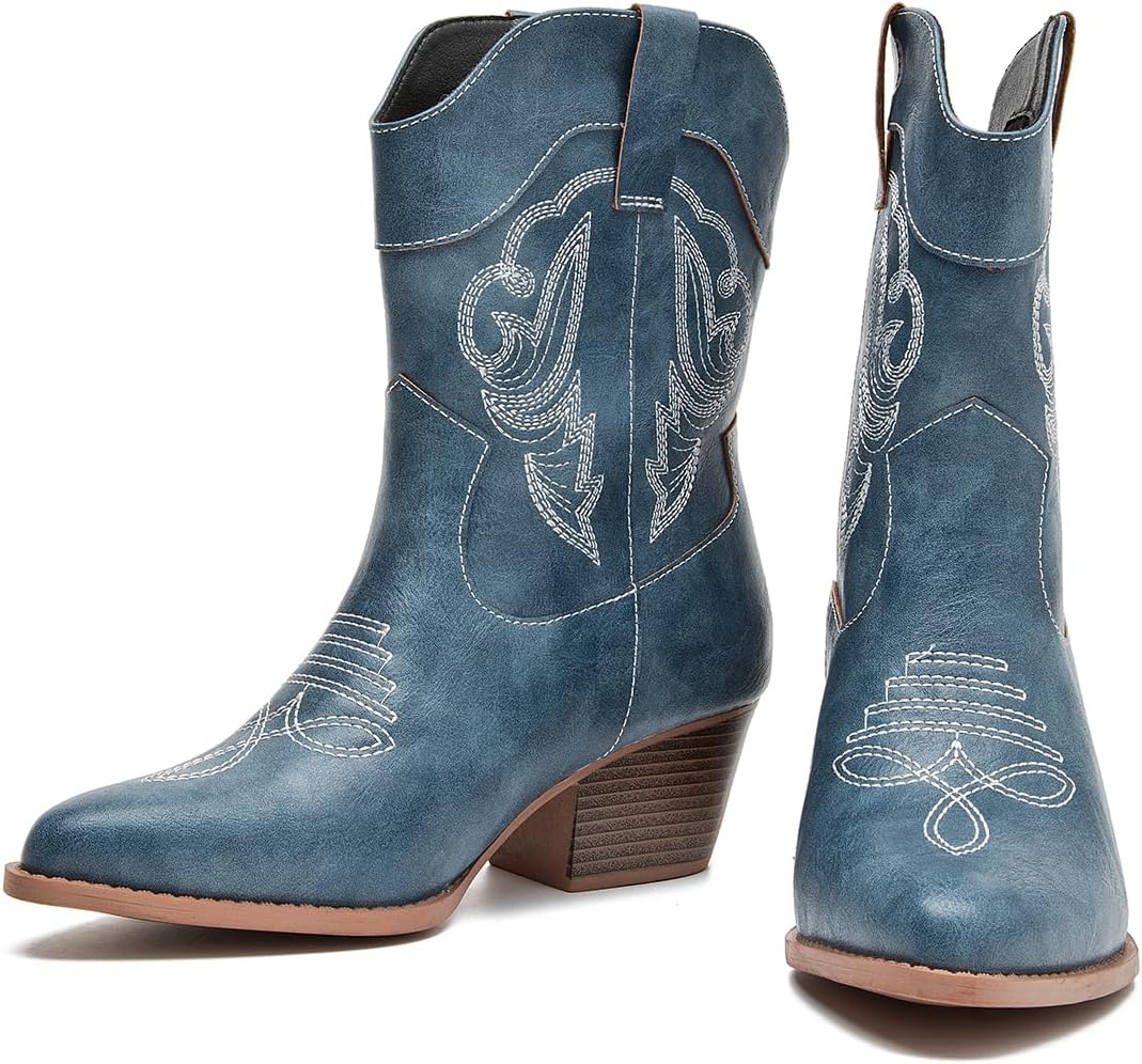 Cowboy Boots for Women Western Boots Cowgirl Embroidery Low Chunky Heel Pointed Toe Mid Calf US size 5-11