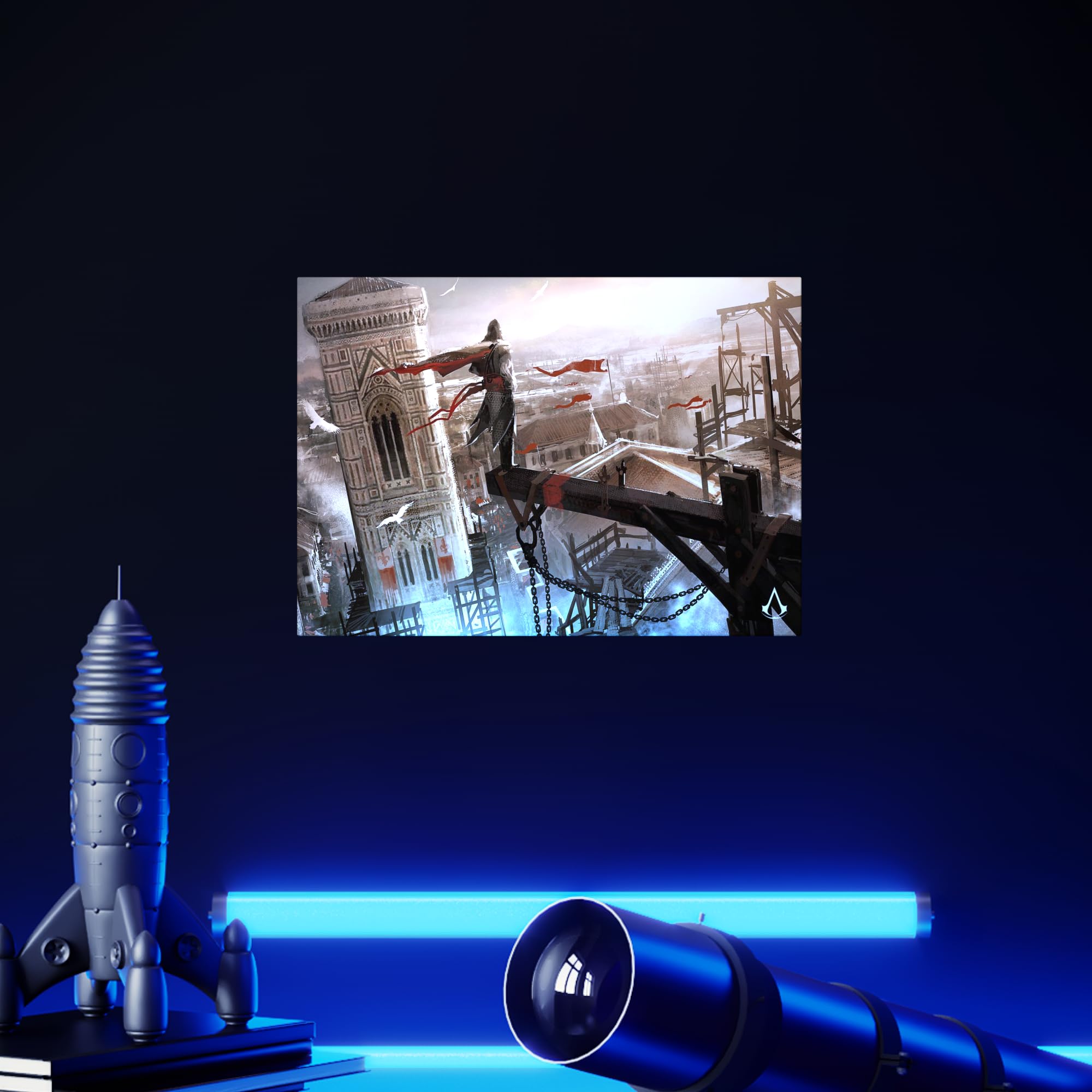 Displate - Poster aus Metall - Einfache Montage ohne Bohren - Assassin's Creed - AC Concept Art - Leap of Faith - Größe M - 32 x 45 cm Matt