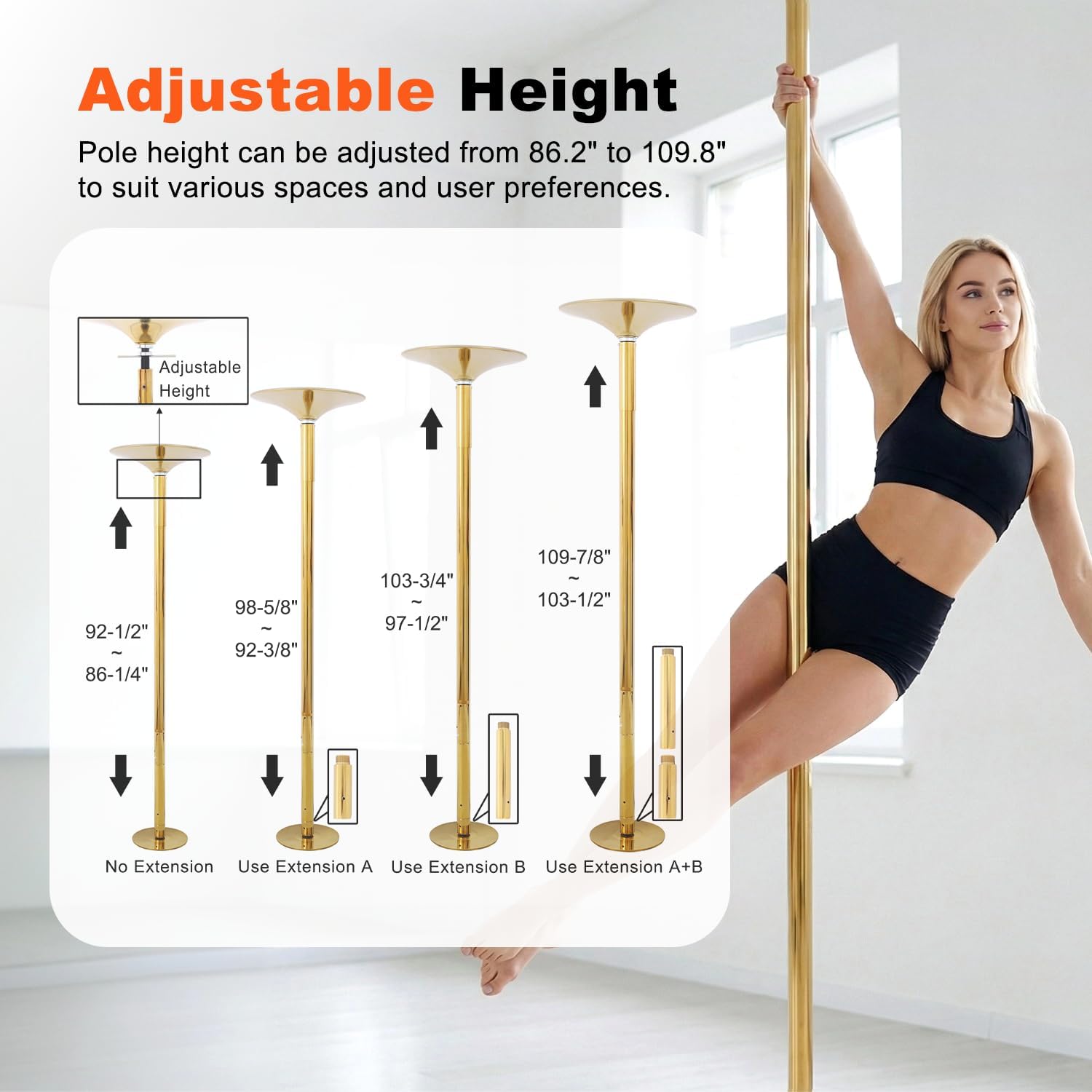Dance Pole Spinning Static Dancing Pole Stripper Pole Portable Removable Height Adjustable Fitness Pole for Exercise Club Party Home Gym