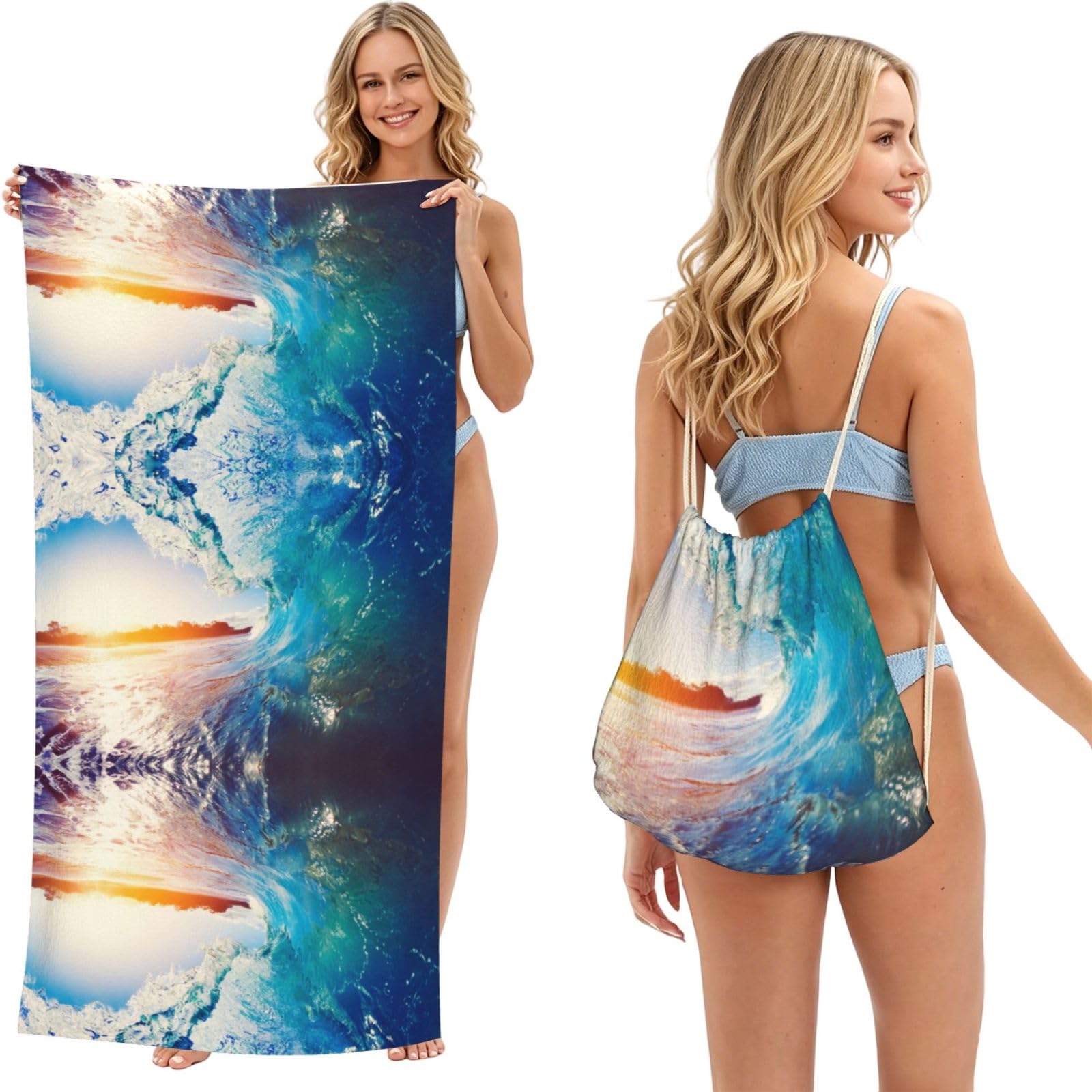 ESNAIUVCD Sunset Sea Surfing Seascape Print Beach Towel For Adults,Towel With Drawstring Bag, Travel Pool Swimming Sports Shower Sand Free Quick Dry Bath Towel For Pool, Beach, Yoga- 180x60cm