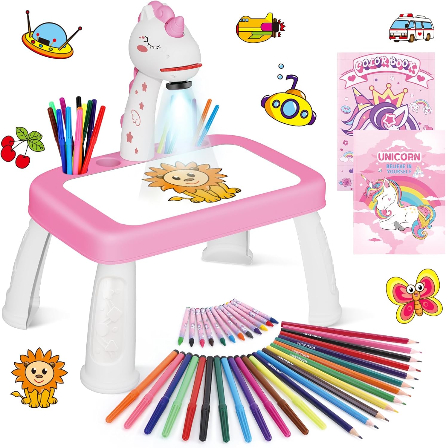 Drawing Projector for Kids, Art and Crafts, Drawing Board with Color Pens, Pencils, Crayons, Scrapbook, Unicorn Sticker Book, Ideal Toy for 3+ Year Old Girls & Boys (Unicorn Kit)