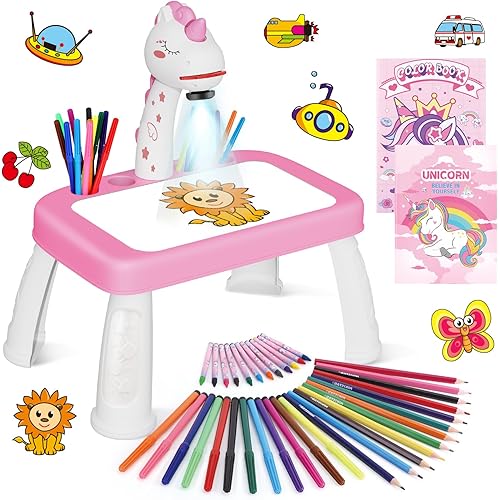 Drawing Projector for Kids, Art and Crafts, Drawing Board with Color Pens, Pencils, Crayons, Scrapbook, Unicorn Sticker Book, Ideal Toy for 3+ Year Old Girls & Boys (Unicorn Kit)