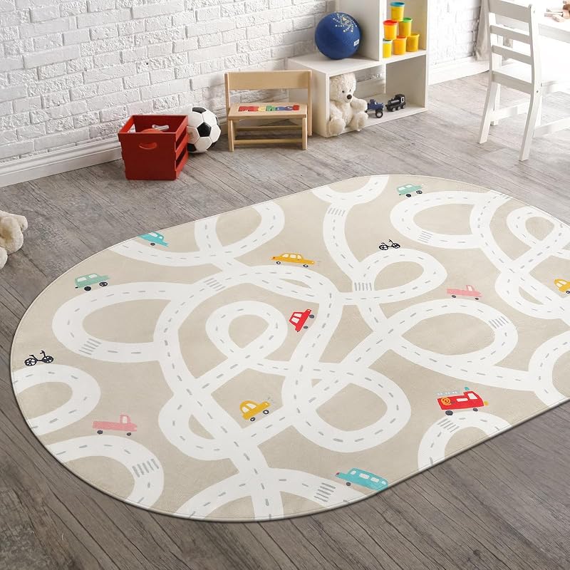 Large Kids Rug for Playroom,4x6 Washable Road Car Rug for Kids Room | City Road Car Carpet for Boys Room, Tan Traffic Classroom Rugs Soft Baby Play Mat for Bedroom Dorm Playroom Nursery Tent