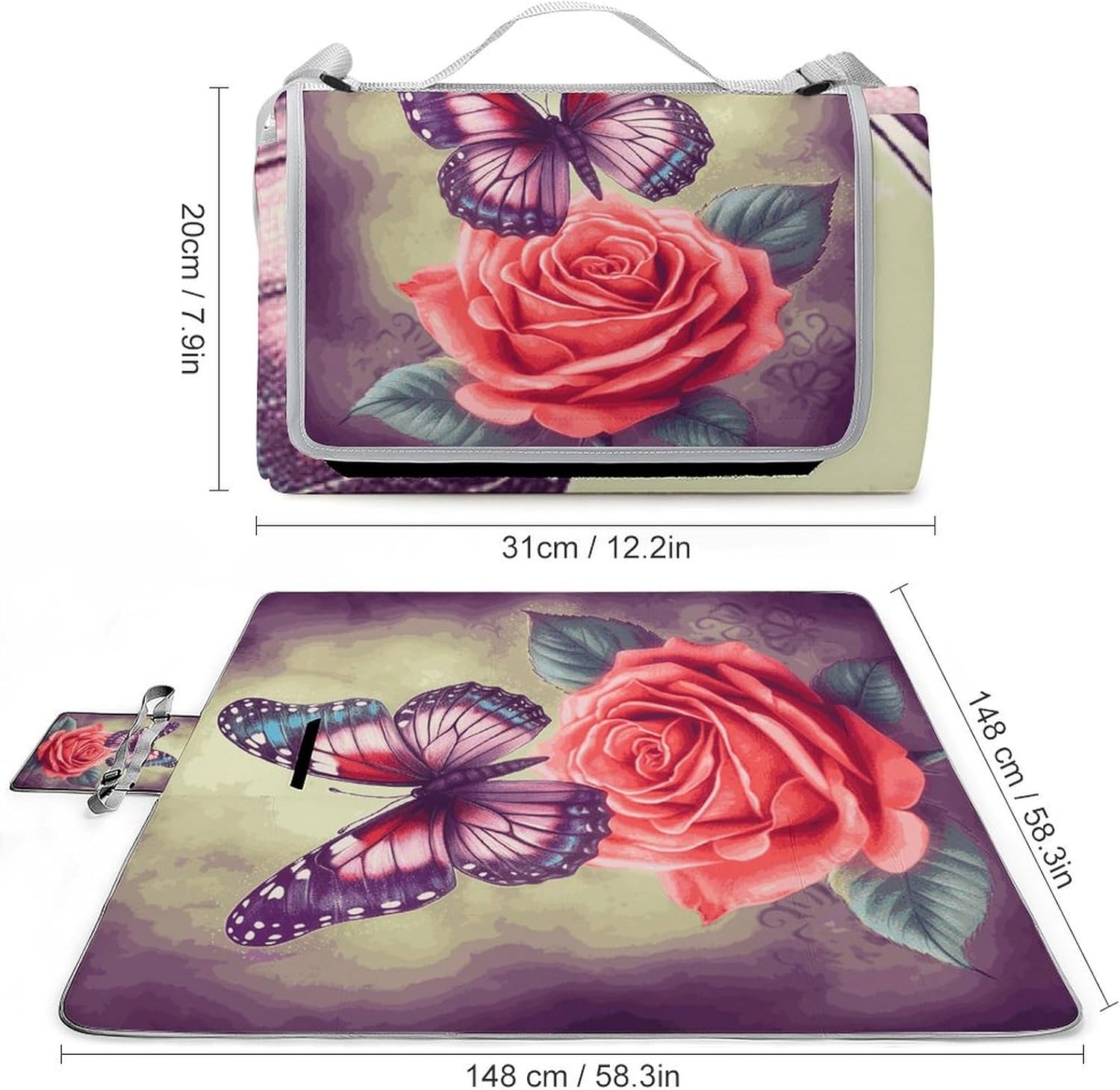 Outdoor Picnic Blanket Extra Large Beach Blanket Waterproof Picnic Mat Butterfly and Rose Camping Blanket Portable with Carry Strap Park Blanket for Grass Camping Park