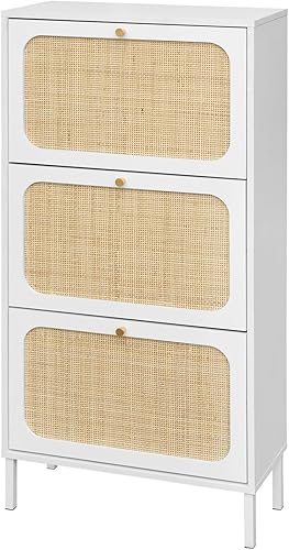 Miniatura 3 de ZeHuoGe Zapatero de ratán natural con 3 cajones abatibles, armario de almacenamiento estrecho blanco con patas de metal para tacones, zapatillas,