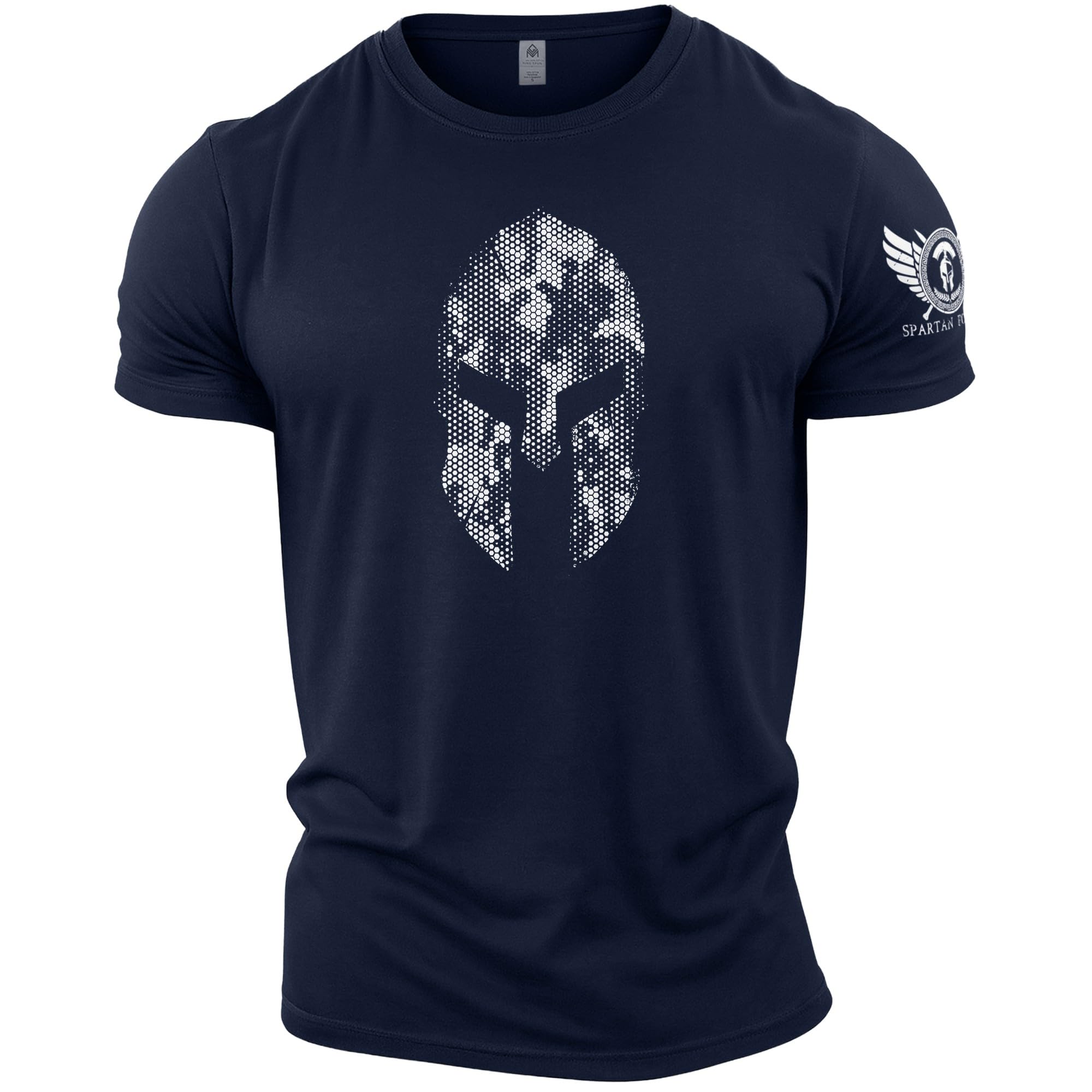 GYMTIER Spartan Forged - Gym T-Shirt with Spartan Helmet Design and Hexagonal Camouflage, for Men, Suitable for Bodybuilding and Workouts
