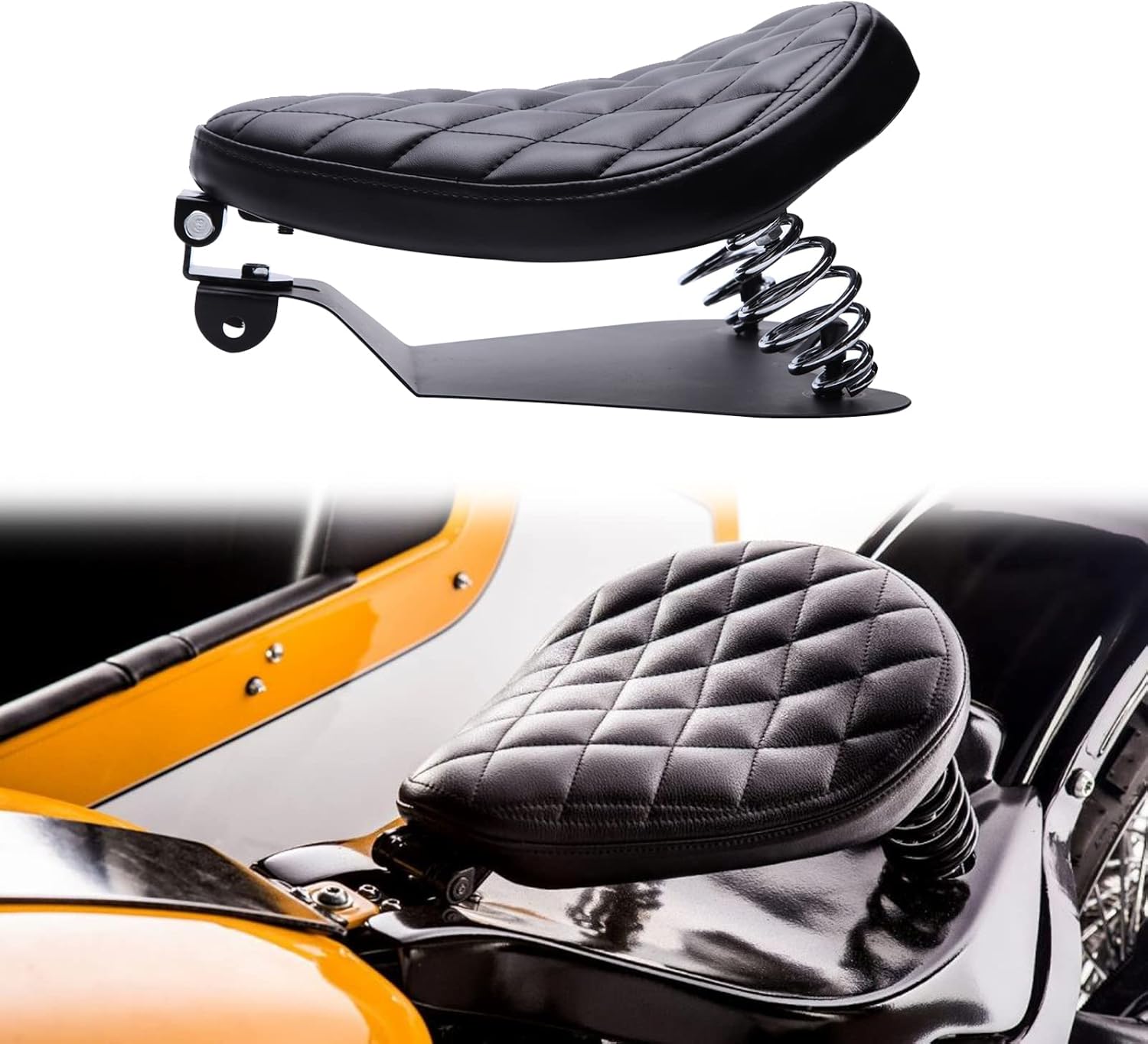 DREAMIZER Motorcycle Seat Cushion Driver Solo Seats with Spring Bracket PU Leather Compatible with Harley Honda Yamaha Kawasaki Sportster Iron 883 1200 Chopper Bobber Cafe Racer