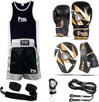 Kids Boxing 6 Pieces Set Uniform top & Short Boxing Gloves Black 1021 Focus Pad Black 1109 wrap-Skipping Rope & Keychain-Professional Accessories kit for Sparring Sports 4OZ