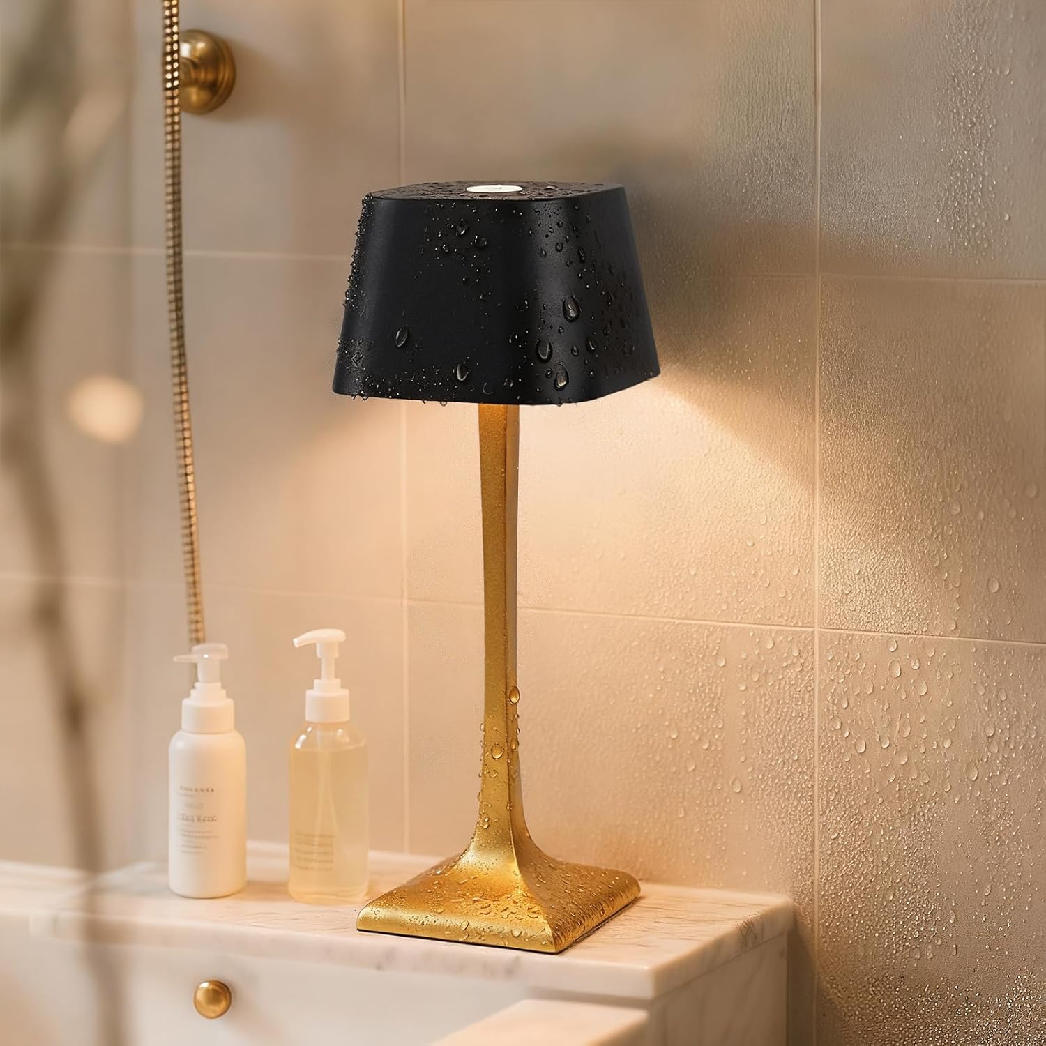 Outdoor Rechargeable Cordless Table Lamp - 5200mAh IP54 Waterproof Shower Lamp - 3 Color Dimmable LED Touch Lamp for Bathroom Patio Restaurant - Battery Operated Lamp for Bedroom Living Room H10.24in