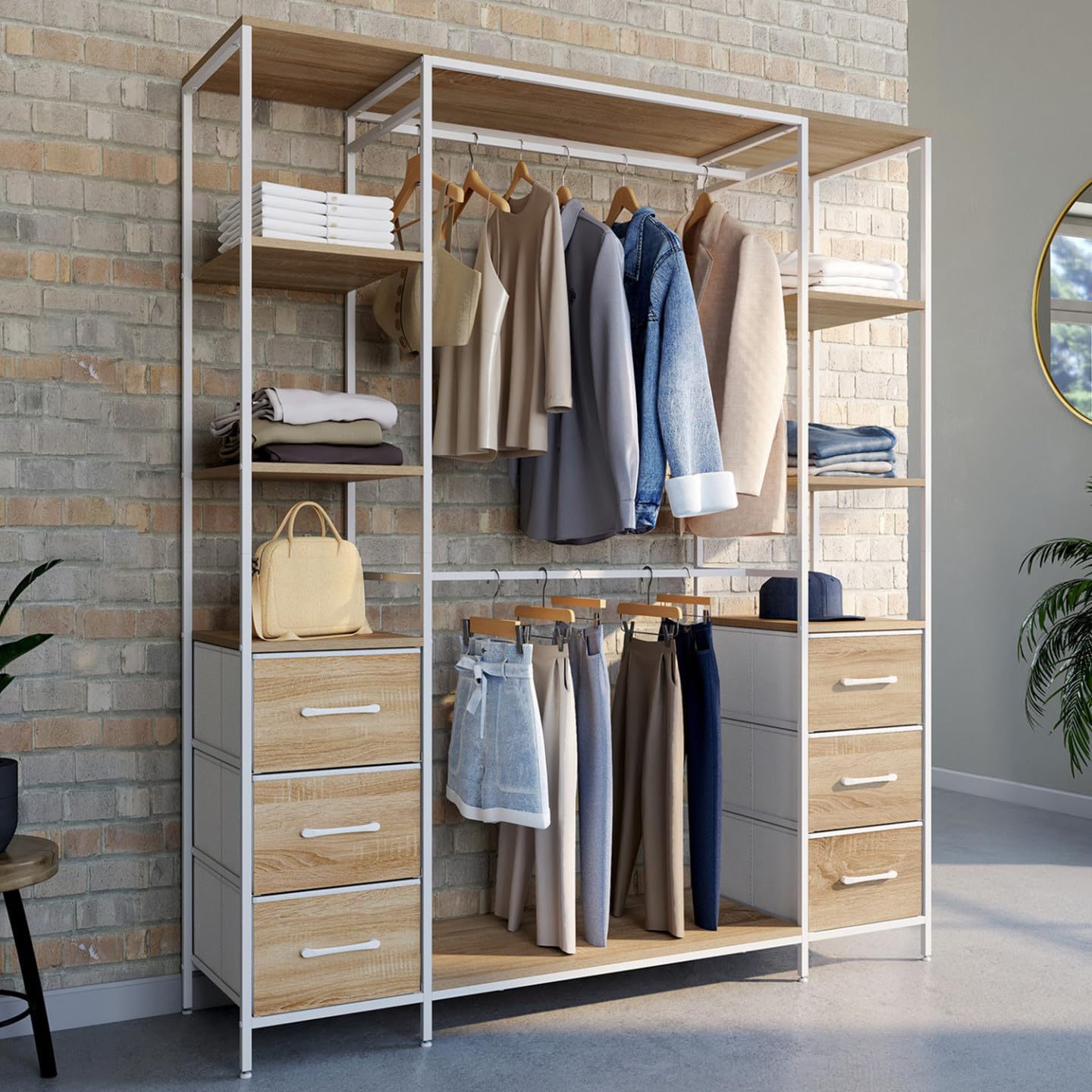 IDMarket - Vestidor doble perchero + doble columna L. 140 cm UTAH con 6 estantes y 6 cestas de tela, madera y blanco
