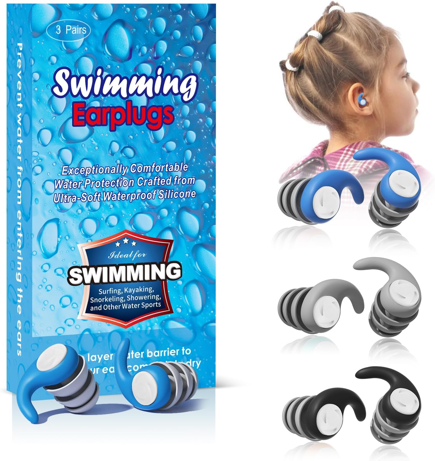 Swimming Ear Plugs for Kids,3 Pairs Waterproof Silicone Swim Earplugs for Swimming Surfing Diving Showering for 4-12 Years Olds Children and Small Ear Teens
